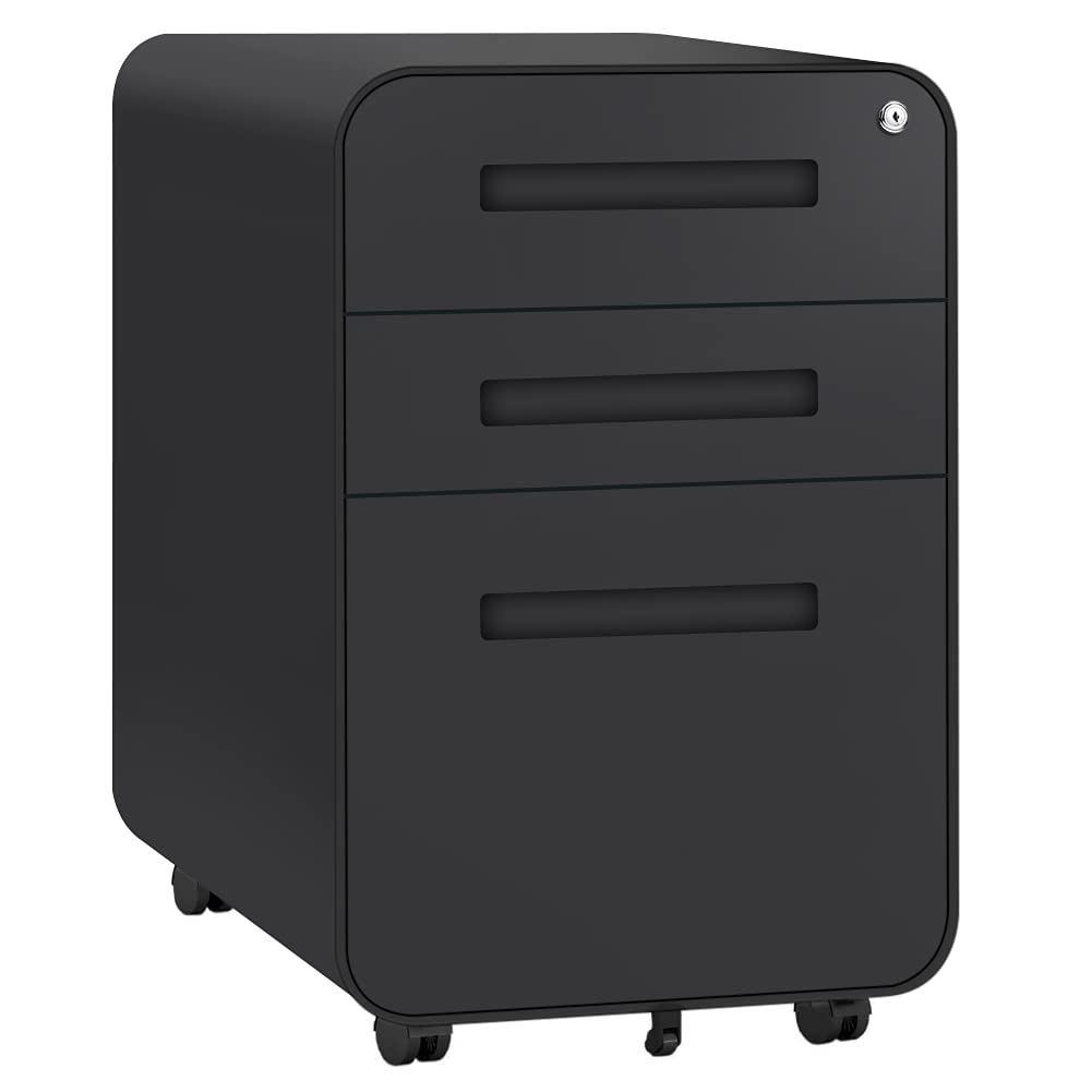 3-Drawer Locking File Cabinet with Wheels - Black Metal Office Filing Cabinet for Legal/Letter Size Documents, Under Desk Storage with Hanging Frame | Perfect for Home Office, School, and Workplace Organization