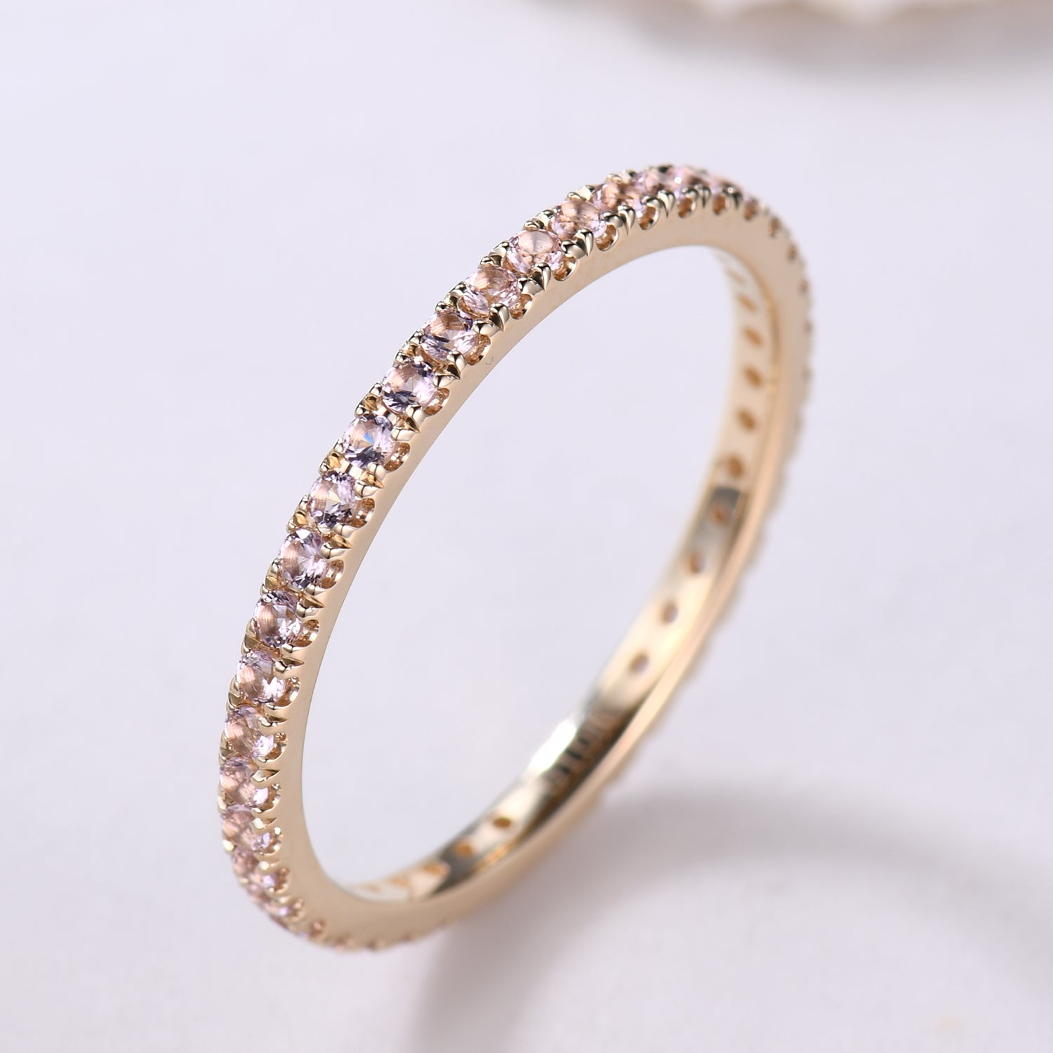 14K Yellow Gold Petite Morganite Wedding Band - Micro Pave Eternity Ring for Women | Perfect for Engagement, Anniversary & Bridal Jewelry Gifts