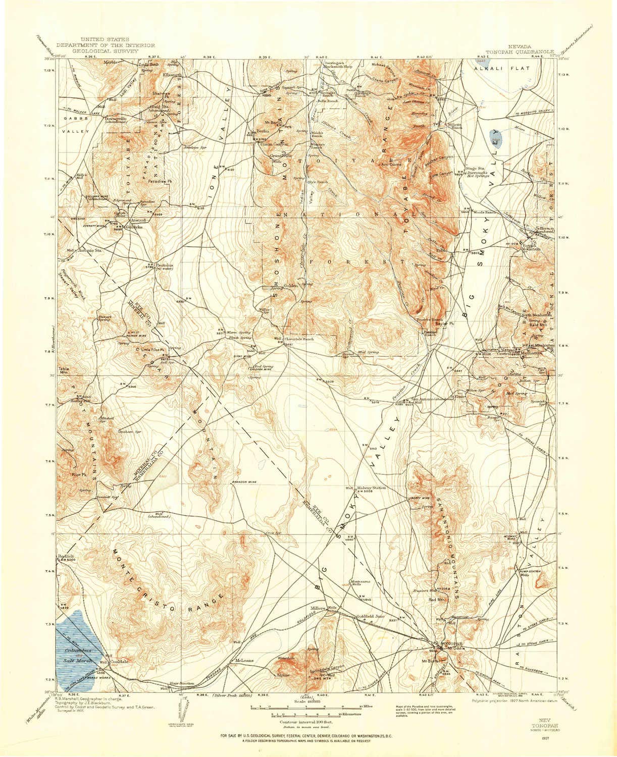 Vintage Tonopah NV Topographic Map - 1:250000 Scale, 1 X 1 Degree (1907 Original, 1955 Update) - 20.9 x 17 Inches - Perfect for Hiking, Geology Studies & Nevada History Enthusiasts