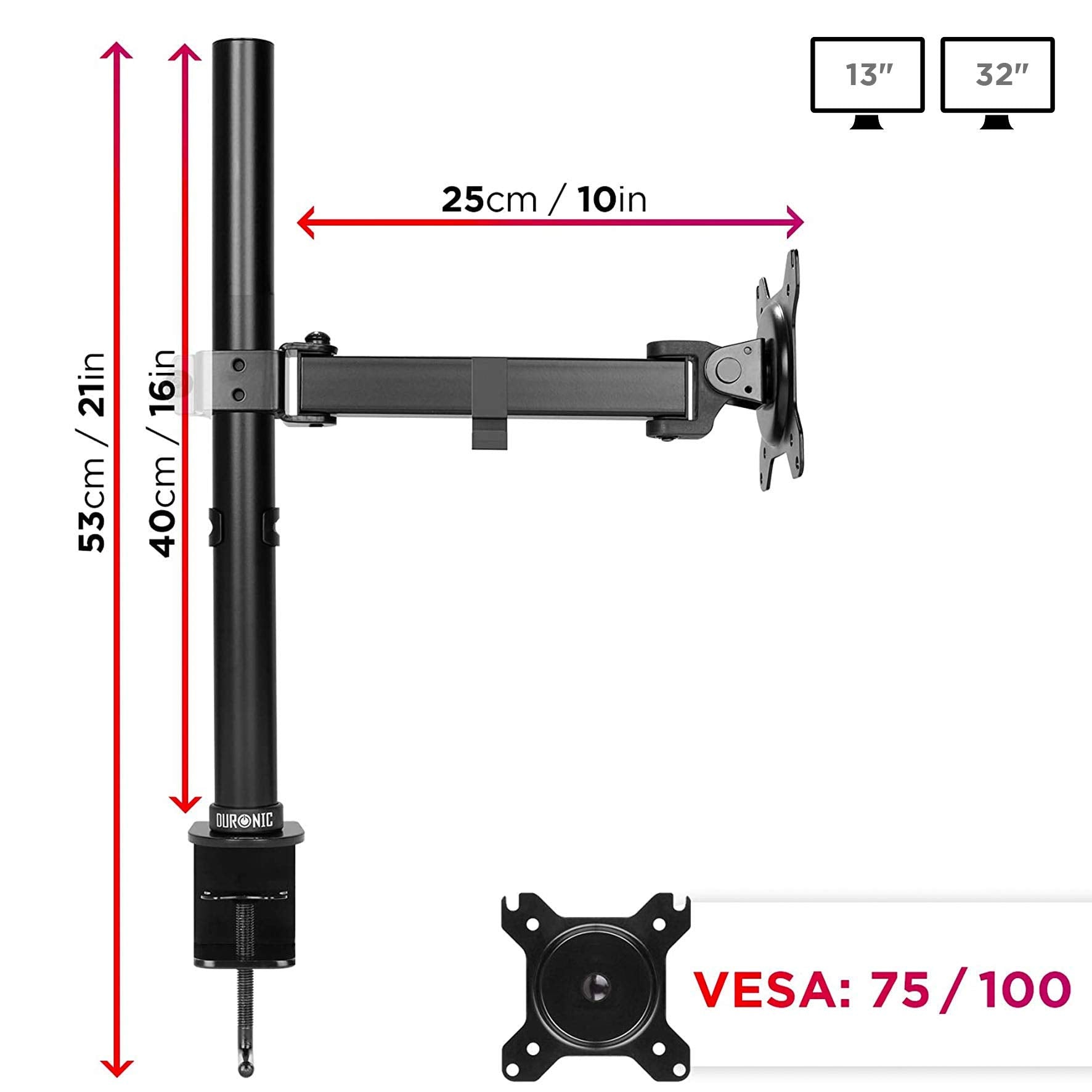 Duronic DM151X2 Single Monitor Arm - Height Adjustable VESA Mount for 13-32 Inch Screens (75x75/100x100mm) - 8kg Capacity Desk Clamp Stand for PC, Gaming & Office Workstations | Perfect for Home Office, Gaming Setup & Workspace Ergonomics