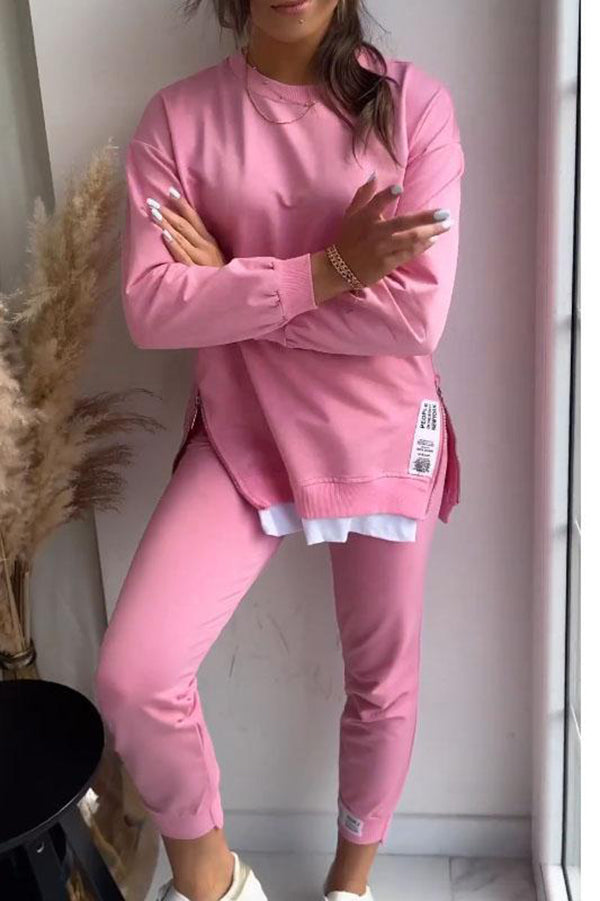 Solid Color Round Neck Long Sleeve Sweatshirt & Elastic Waist Pants Set - Women's Casual Loungewear for Home, Yoga, and Everyday Wear
