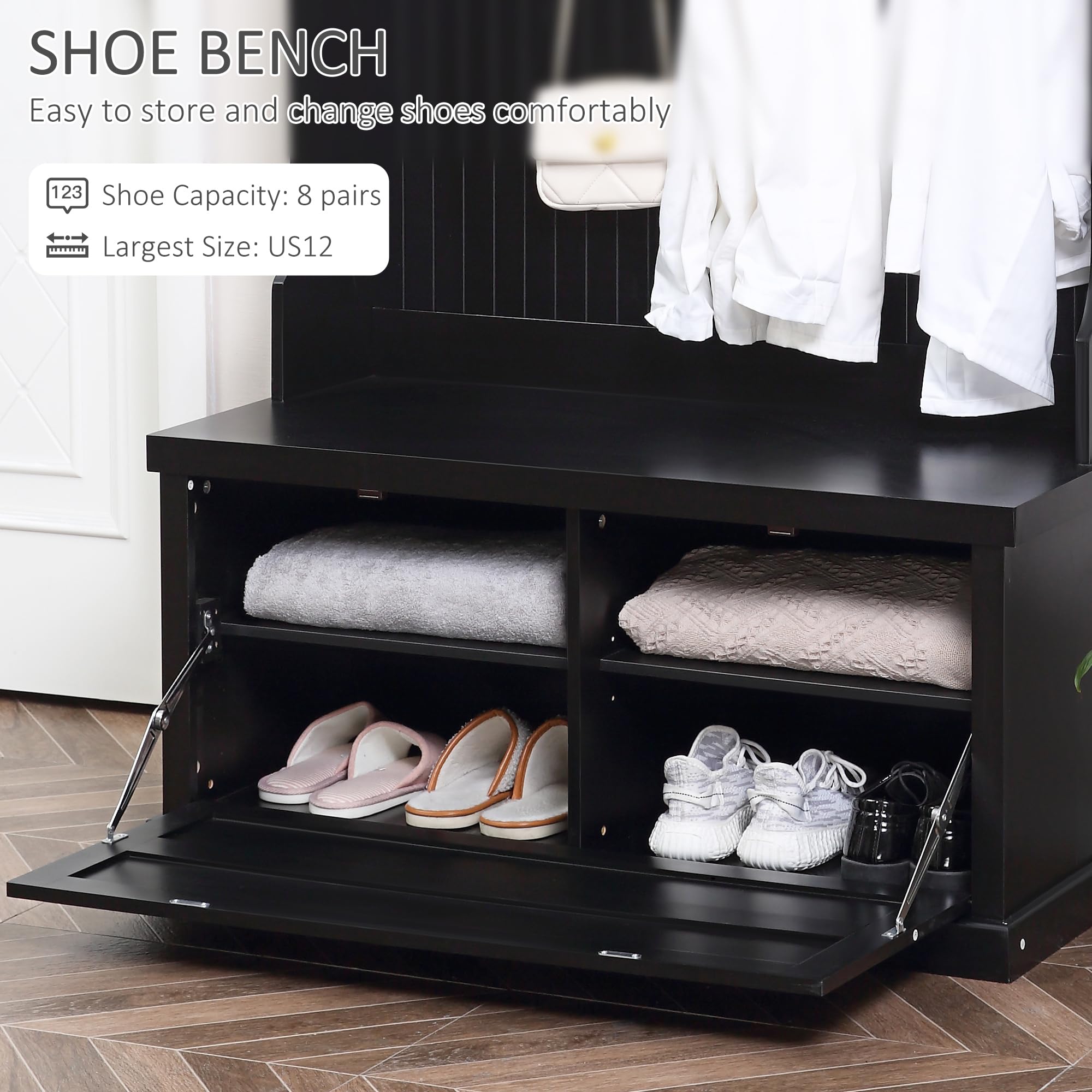 HOMCOM Entryway Bench with Coat Rack - 4 Double Hooks & 2 Storage Compartments, Hall Tree Bench with Shoe Storage for Hallway, Living Room, Bedroom - Black, Modern Furniture for Home Organization & Entryway Decor