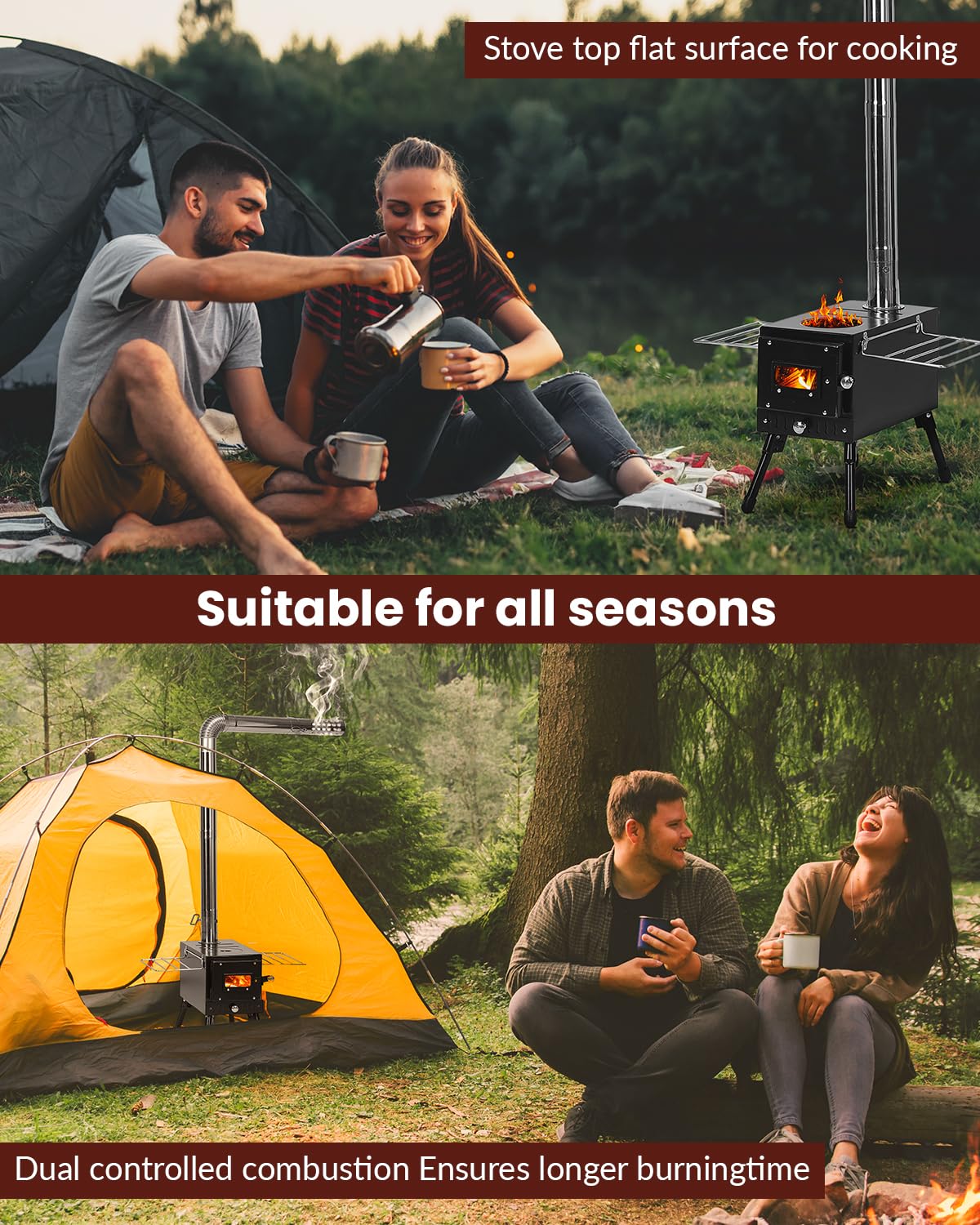 Portable Wood Burning Stove for Camping & Outdoor Cooking - YRenZ Tent Stove with Adjustable Heat Control, Stovepipe & Elbow Pipe - Perfect for Backpacking, Hunting, Ice Fishing & Emergency Heating
