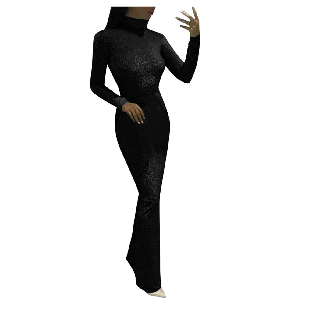 YOMXL Women's Glitter Sequin Turtleneck Long Sleeve Maxi Dress - Sparkly Cocktail Party Evening Gown (Black, Size S) | Perfect for Holiday Parties, New Year's Eve, Prom & Special Occasions