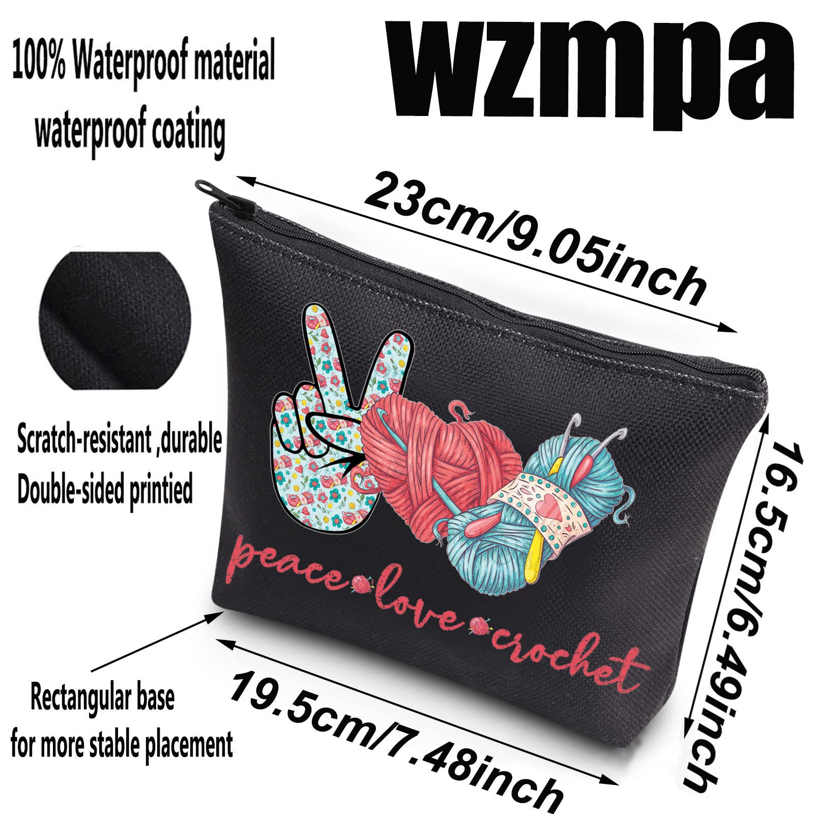 Crochet Makeup Bag for Women - WZMPA Peace Love Crochet Cosmetic Pouch with Zipper, Handmade Crocheting Gift for Girls & Women, Perfect for Travel, Gym & Daily Use