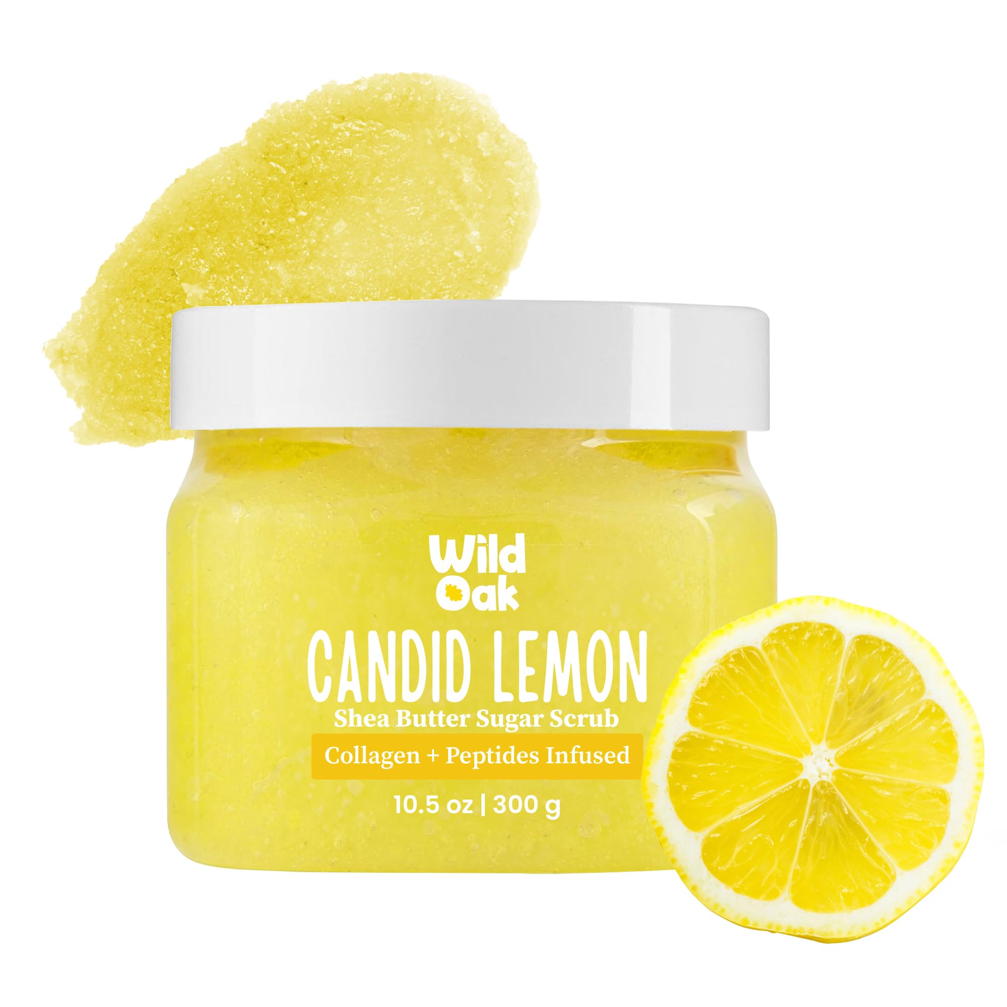 WildOak Candid Lemon Shea Butter Sugar Body Scrub with Collagen & Peptides - Exfoliating & Hydrating Tan Removal Scrub for Dark Areas, Neck, Elbows, Bumpy Skin - 10.58 oz | Perfect for Spa Day, Self-Care Routine & Dry Skin Treatment