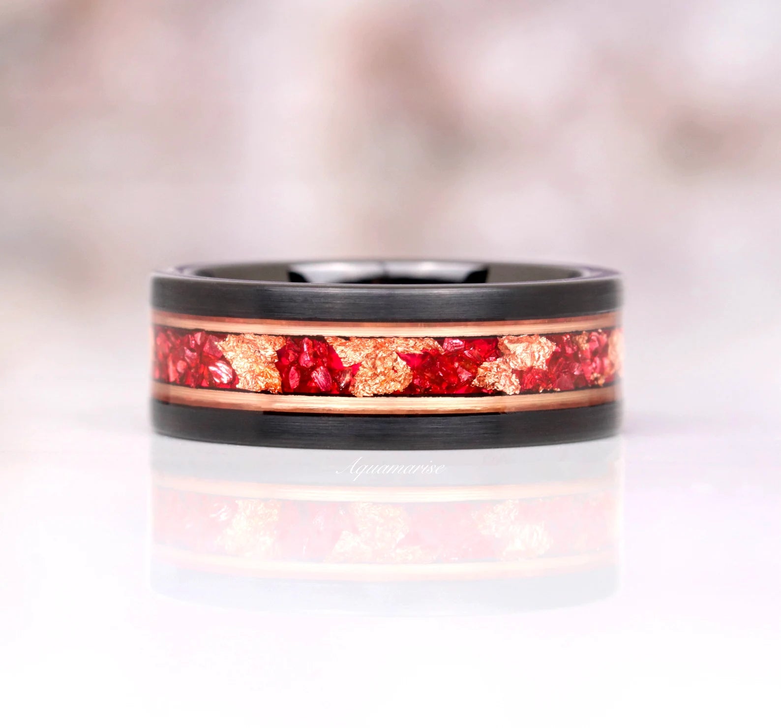 Skye Kite™ Ruby & Rose Gold Leaf Couple Rings for Women & Men - Romantic Matching Wedding Bands, Anniversary Gift for Her & Him - Perfect for Valentine's Day, Engagement & Special Occasions