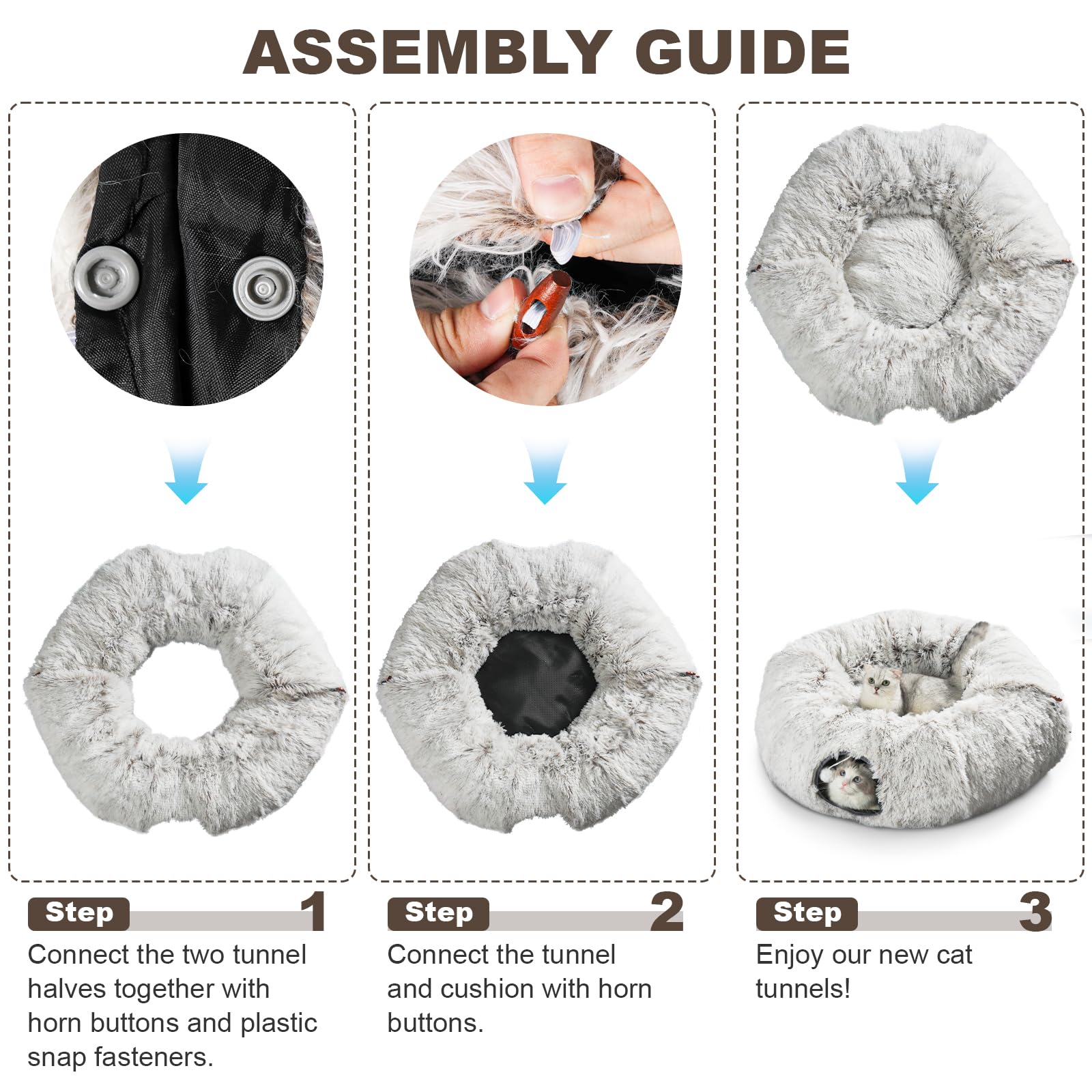 Cat Tunnel Bed for Indoor Cats - Donut Shaped Play Tube with 6 Snap Fasteners & Included Cat Toys | Peekaboo Hideaway for Kittens, Rabbits & Ferrets | Perfect for Playtime, Napping & Small Pet Enrichment