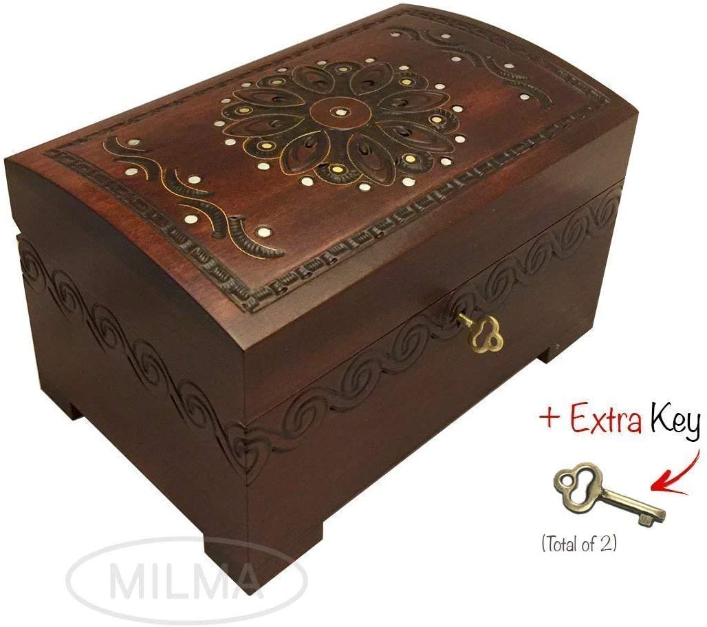 Art Deco Floral Decorative Wooden Jewelry Box - Handcrafted Linden Wood Keepsake Chest for Rings, Necklaces & Valuables | Perfect for Bedroom Vanity, Wedding Gift & Home Decor