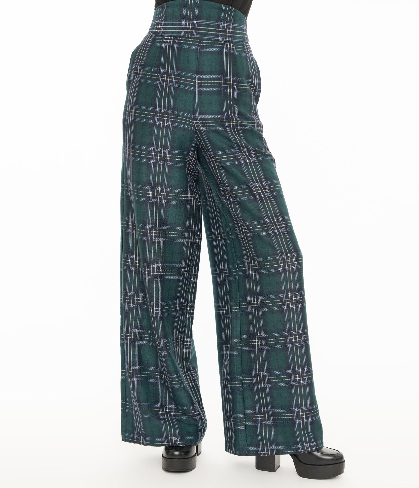 Vintage 1940s Green & Black Plaid High Waist Pants - Retro Women's Trousers for Casual Wear & Themed Parties