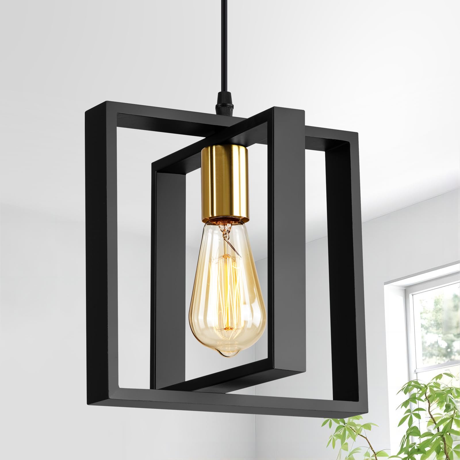 Farmhouse Small Pendant Light Fixture - 9.5 Inch Kitchen Island Hanging Lamp with Cord, Black and Gold Finish Wood Frame Chandelier for Hallway, Entryway, Closet & Bedroom Lighting - E26 Base - Perfect for Rustic Home Decor and Cozy Ambiance