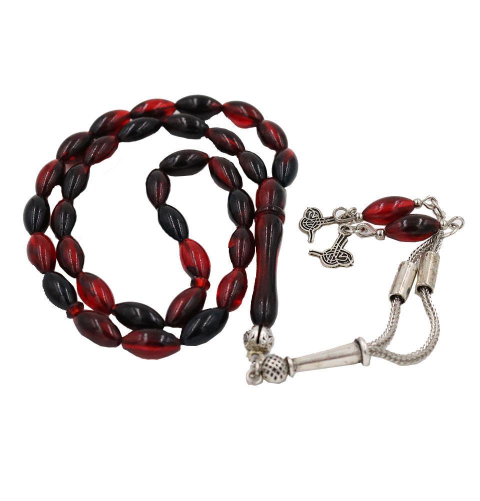 Islamic Tesbih Prayer Beads - 33 Count Red & Black Lab Amber Alpaca Metal Oval Beads for Muslim Prayer, Meditation & Stress Relief