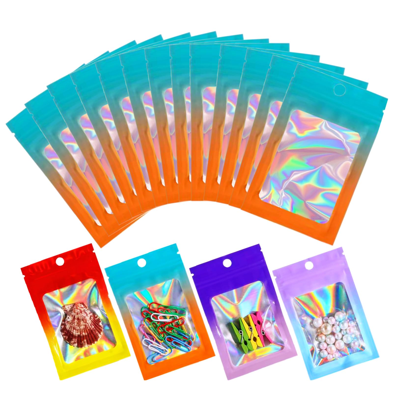 100 Pcs Holographic Mylar Bags 3.5x4.7 Inch - Smell Proof Resealable Ziplock Pouches for Jewelry, Beads & Small Items Storage - Perfect for Earrings, Crafts & Business Packaging