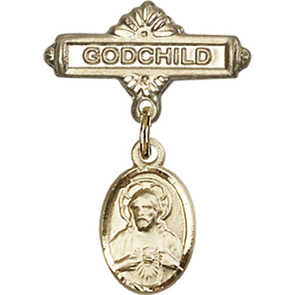 Gold Filled Baby Badge with Scapular Charm - Godchild Gift Pin (7/8