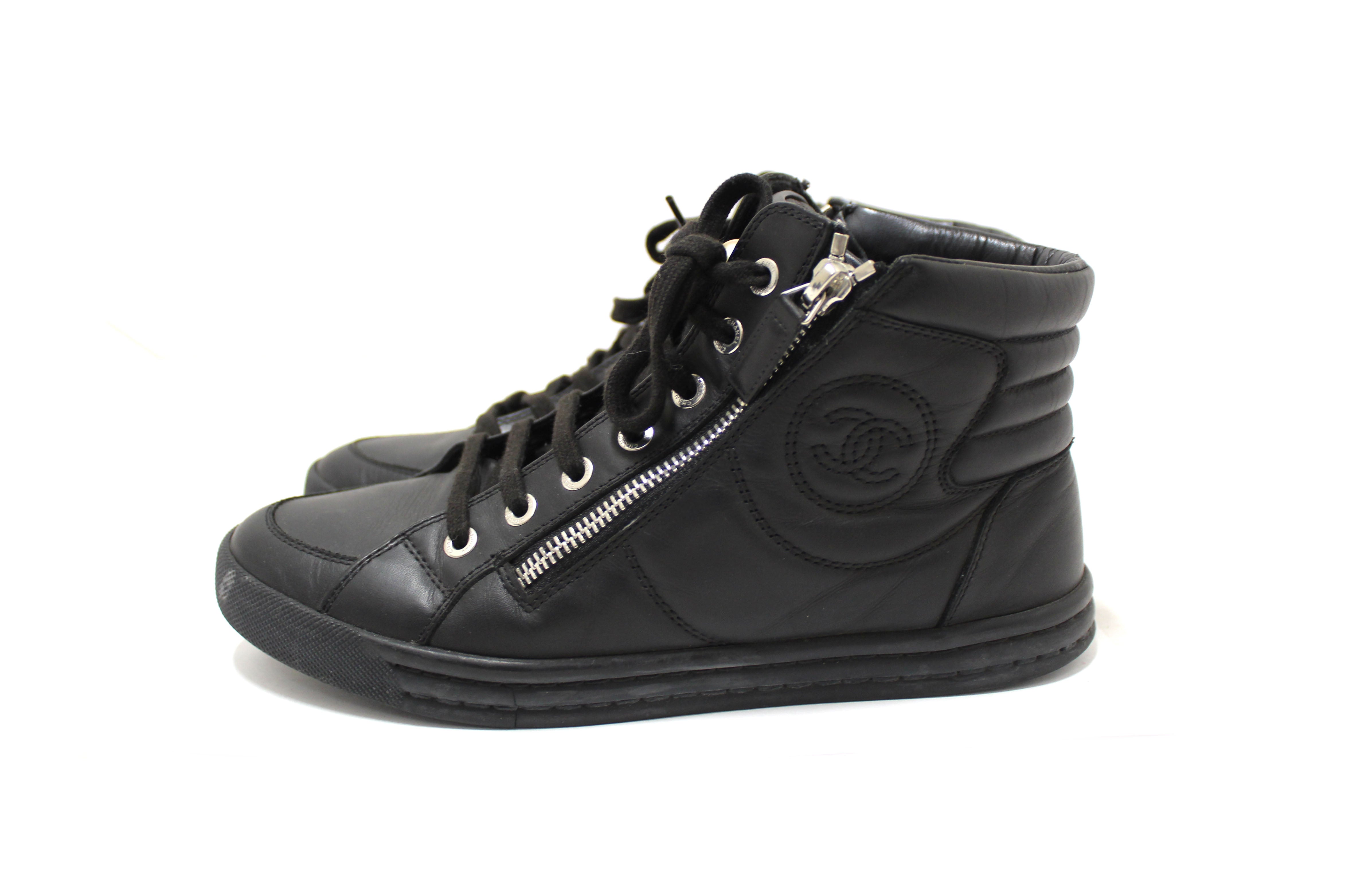 Authentic Chanel Black Leather CC Zip Link High Top Sneakers for Women - Size 37 (US 7) | Luxury Fashion Sneakers for Casual Wear, Street Style & Everyday Comfort