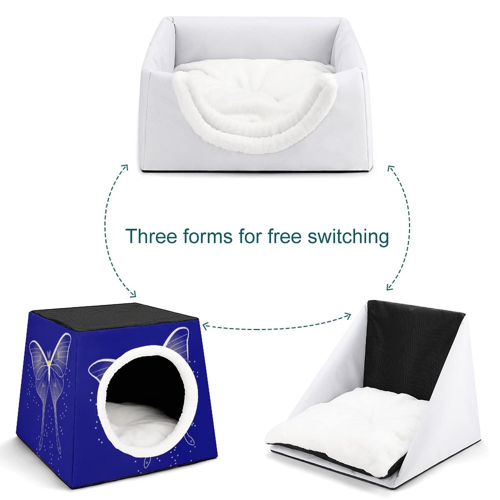 3-in-1 Cat House & Bed with Sofa Function - Printed Cat Cube for Indoor/Outdoor Use - Blue Butterfly Design Pet Shelter for Kittens - Perfect for Living Room, Patio or Garden
