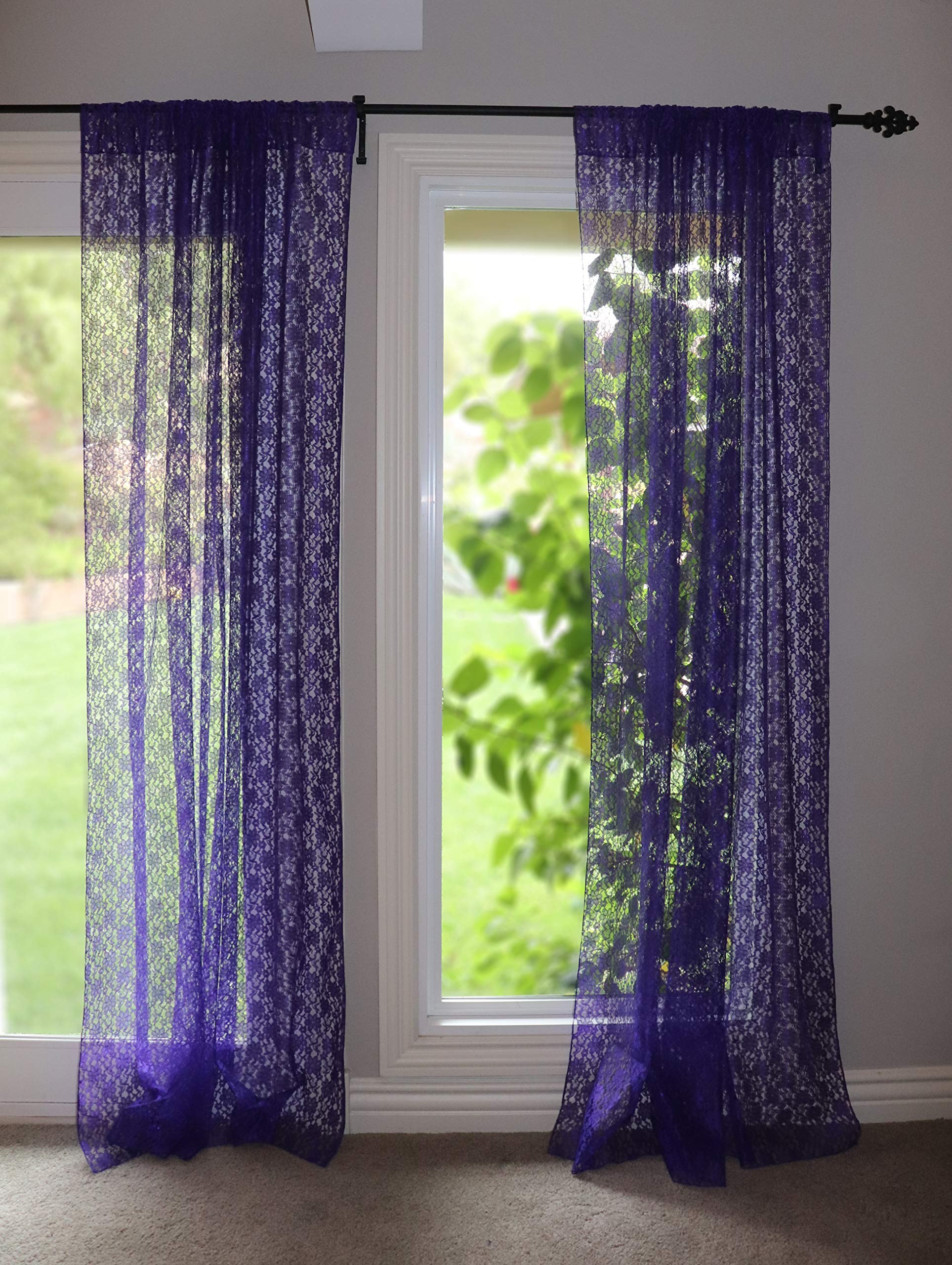 Floral Lace Curtain Panel - Sheer Purple Lace for Bedroom & Kitchen Decor