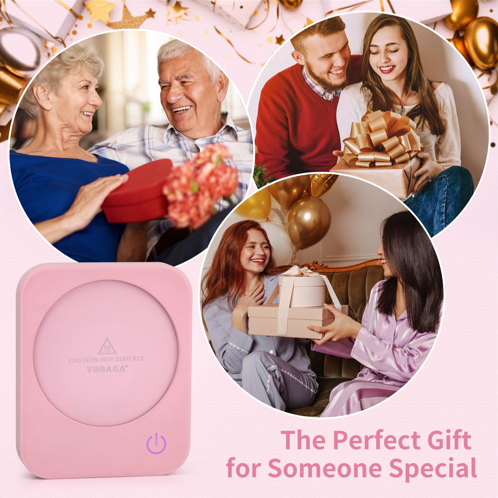 VOBAGA Electric Coffee Mug Warmer with Auto Shut-Off - 3 Temperature Settings for Coffee, Tea, Milk & Hot Drinks - Perfect for Office, Home & Desk Use - Ideal Gift (Pink, No Cup Included) - Keep Beverages Warm While Working, Reading or Relaxing