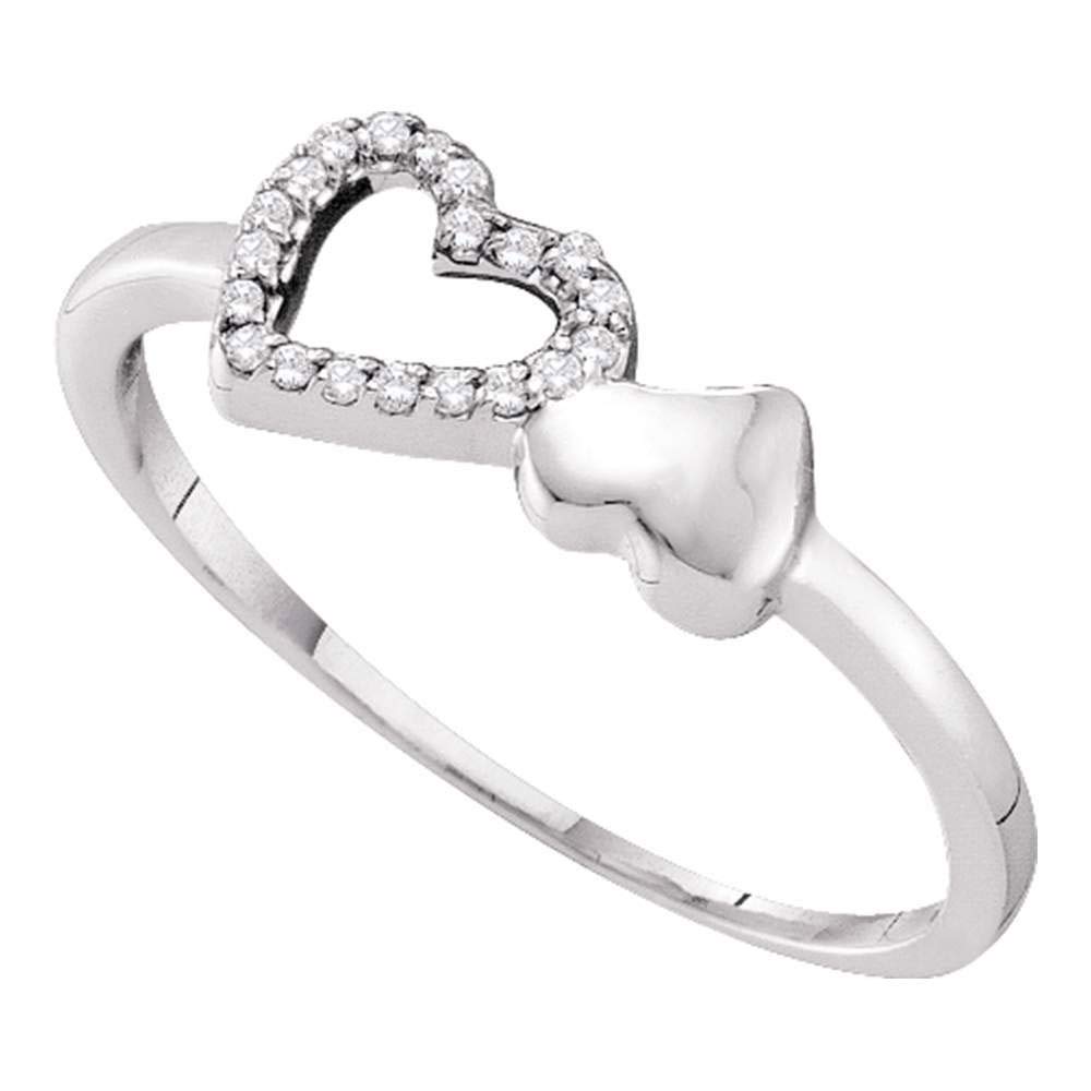 10K White Gold Women's Round Diamond Slender Double Heart Ring - 1/20 CTTW, Elegant Jewelry Gift for Anniversary, Valentine's Day & Special Occasions