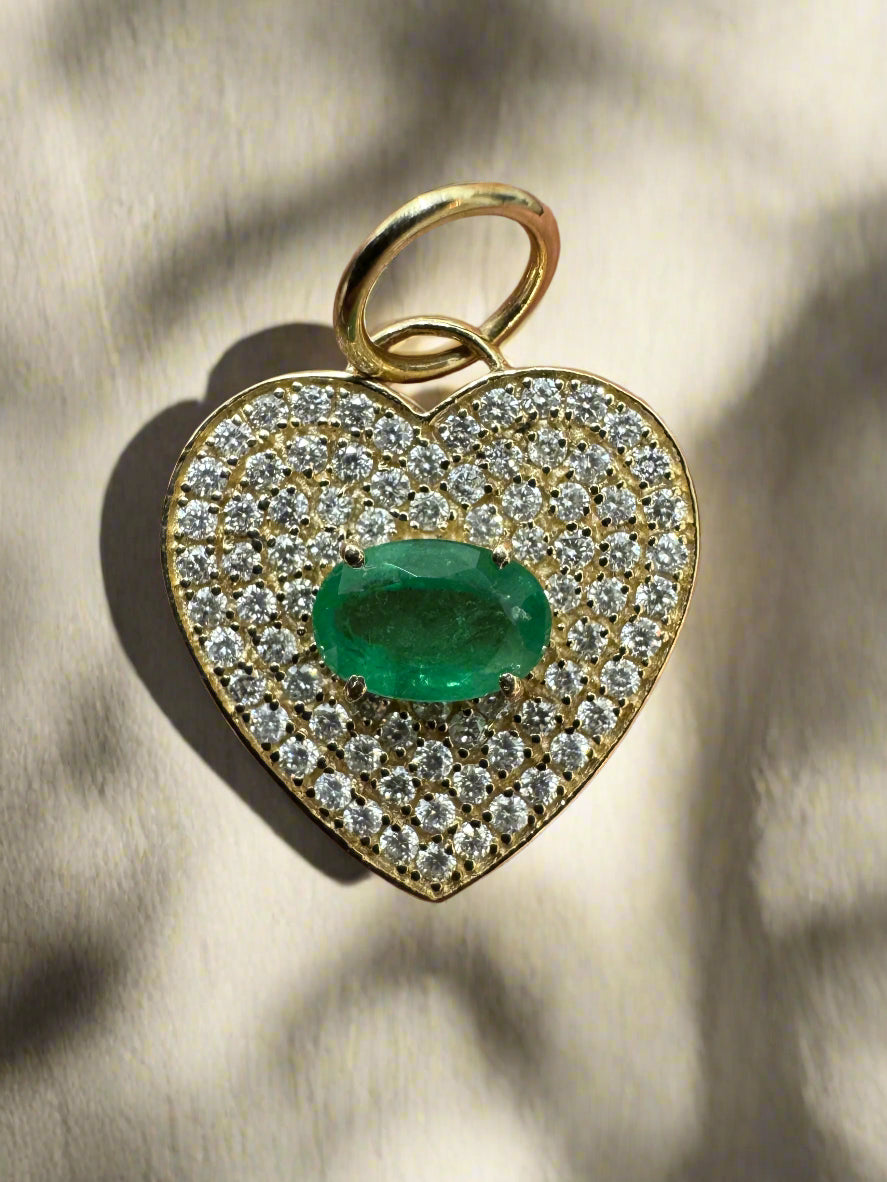 1.0tcw 14K Gold Emerald & Diamond Pave Heart Cluster Pendant Charm Necklace - Elegant Jewelry Gift for Women, Perfect for Valentine's Day, Anniversary & Special Occasions