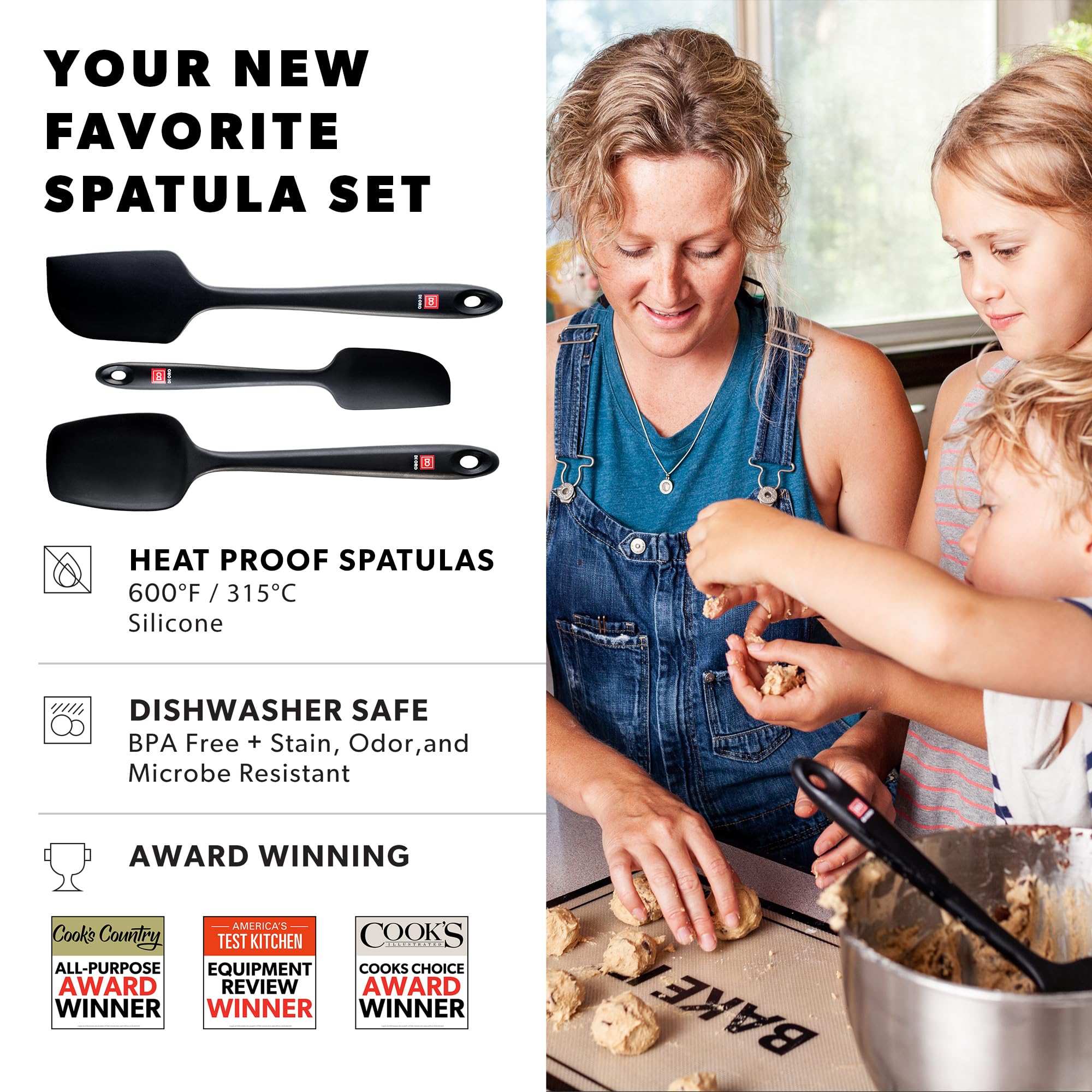 DI ORO Premium Silicone Spatula Set - 3-Piece Heat-Resistant Kitchen Utensils (600°F/BPA Free) for Baking, Cooking & Mixing - Safe for Nonstick Cookware & Dishwasher - Perfect for Cakes, Cookies, Pancakes & More (Black)