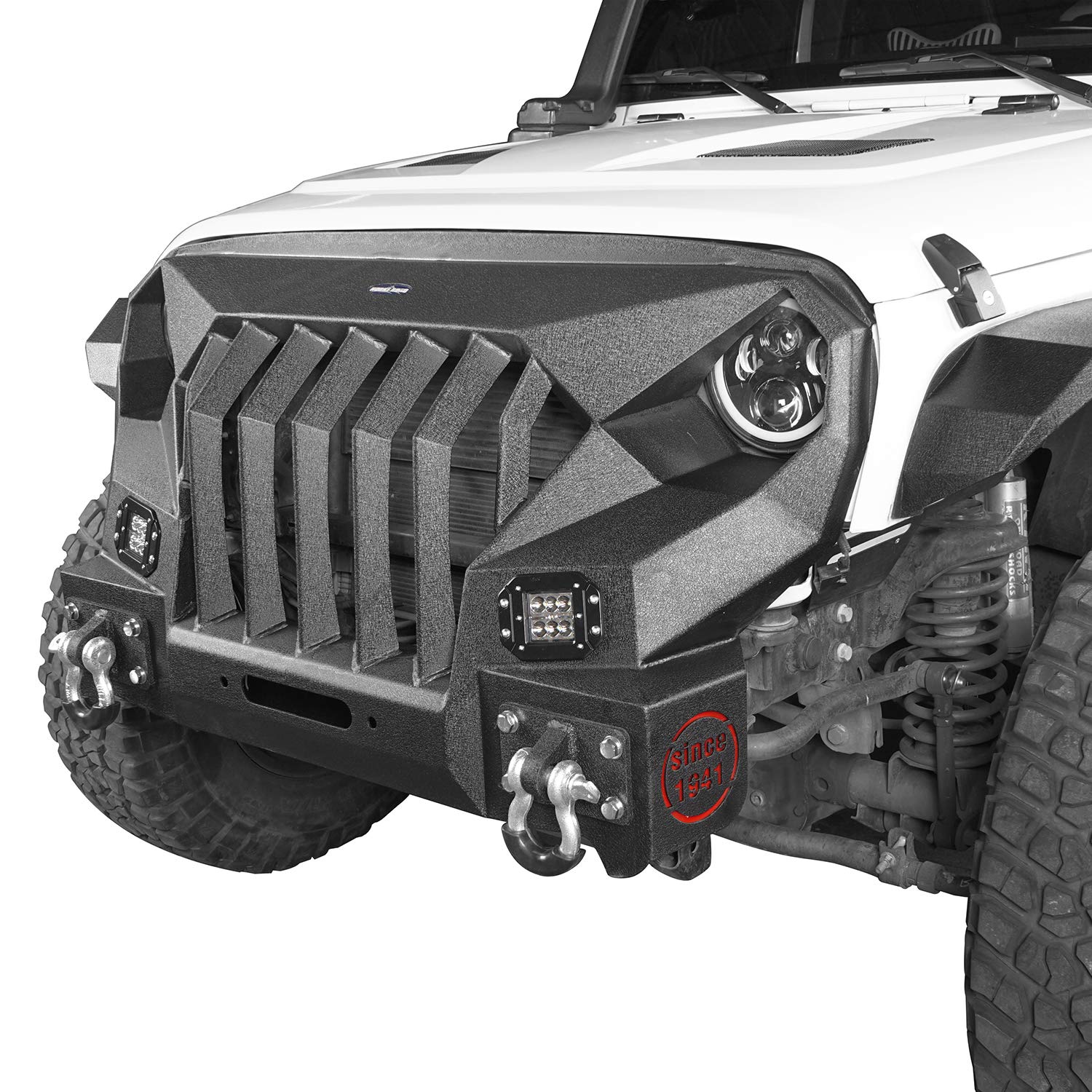 Jeep Wrangler JK Front Bumper Grill & Windshield Frame Cover Visor (2007-2018) - Textured Black with LED Lights | Off-Road Protection & Style Upgrade