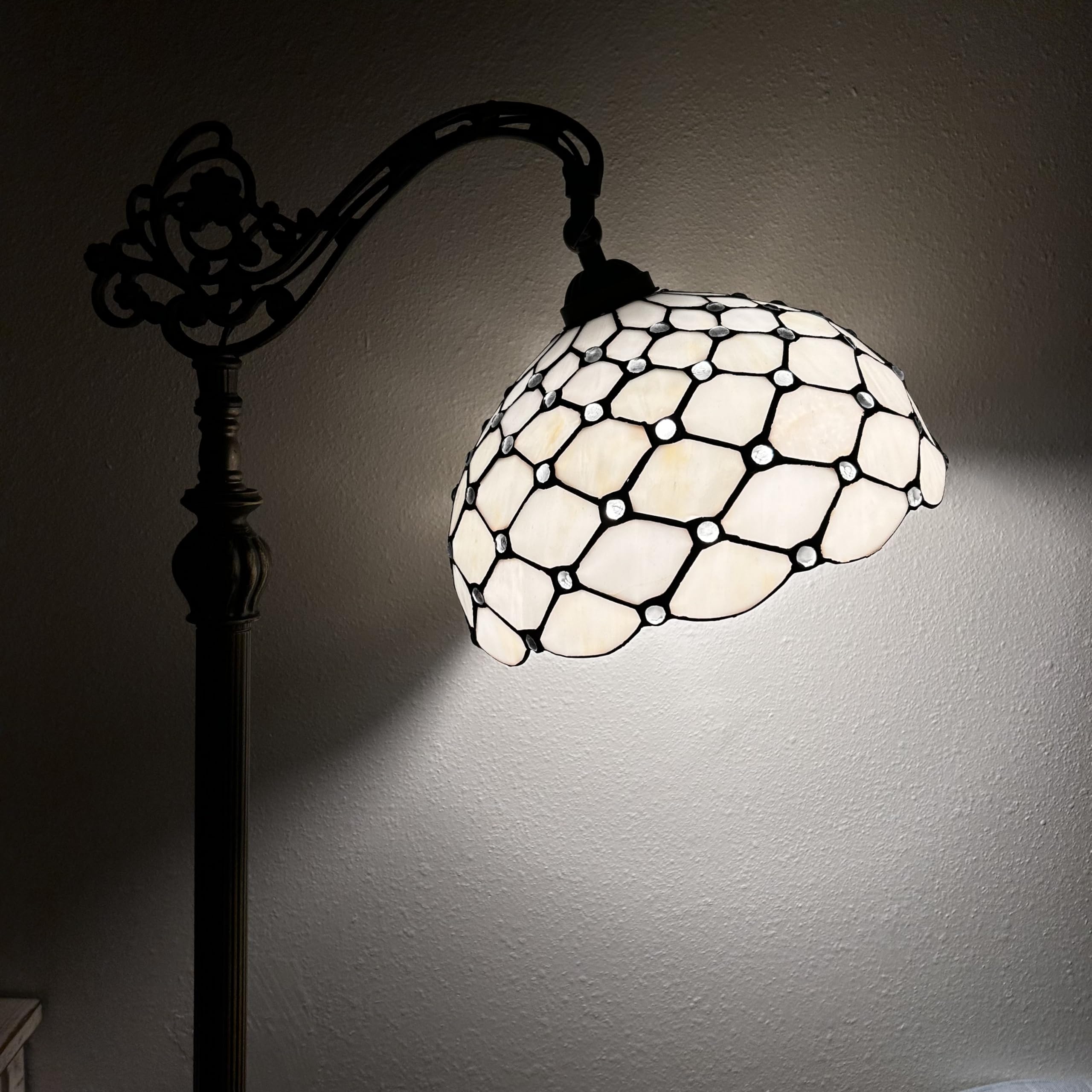 Tiffany Style Floor Lamp with White Stained Glass & Crystal Beads - Adjustable Gooseneck LED Reading Light for Living Room, Bedroom (20