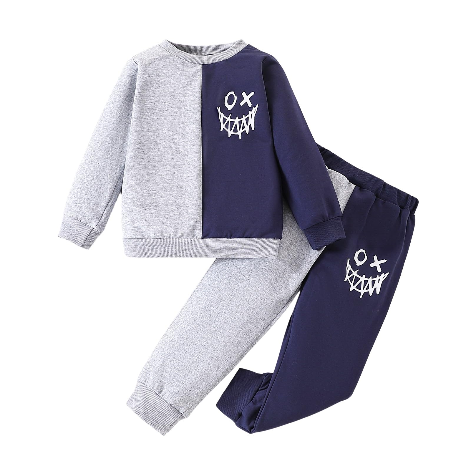 **Cartoon Face Print Color Block Sweatshirt & Sweatpants Set for Toddler Boys - Soft & Stylish Outfit for Playdates, Daycare & Casual Wear**