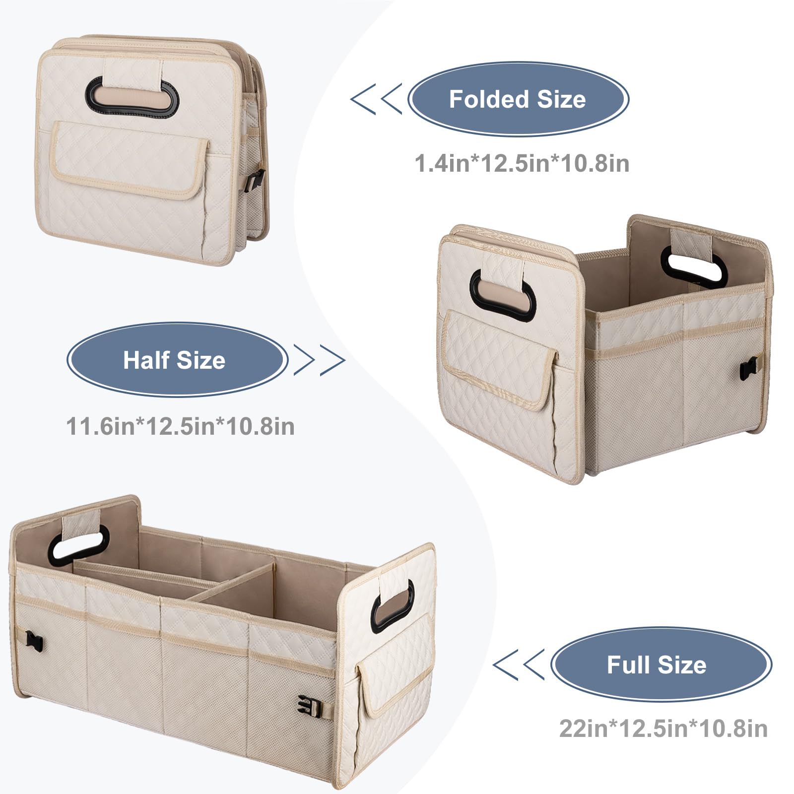JiatuA Collapsible Multi-Compartment Car Trunk Organizer for SUV - Adjustable Storage Container Box for Women & Men (Beige) | Perfect for Road Trips, Grocery Shopping & Car Organization