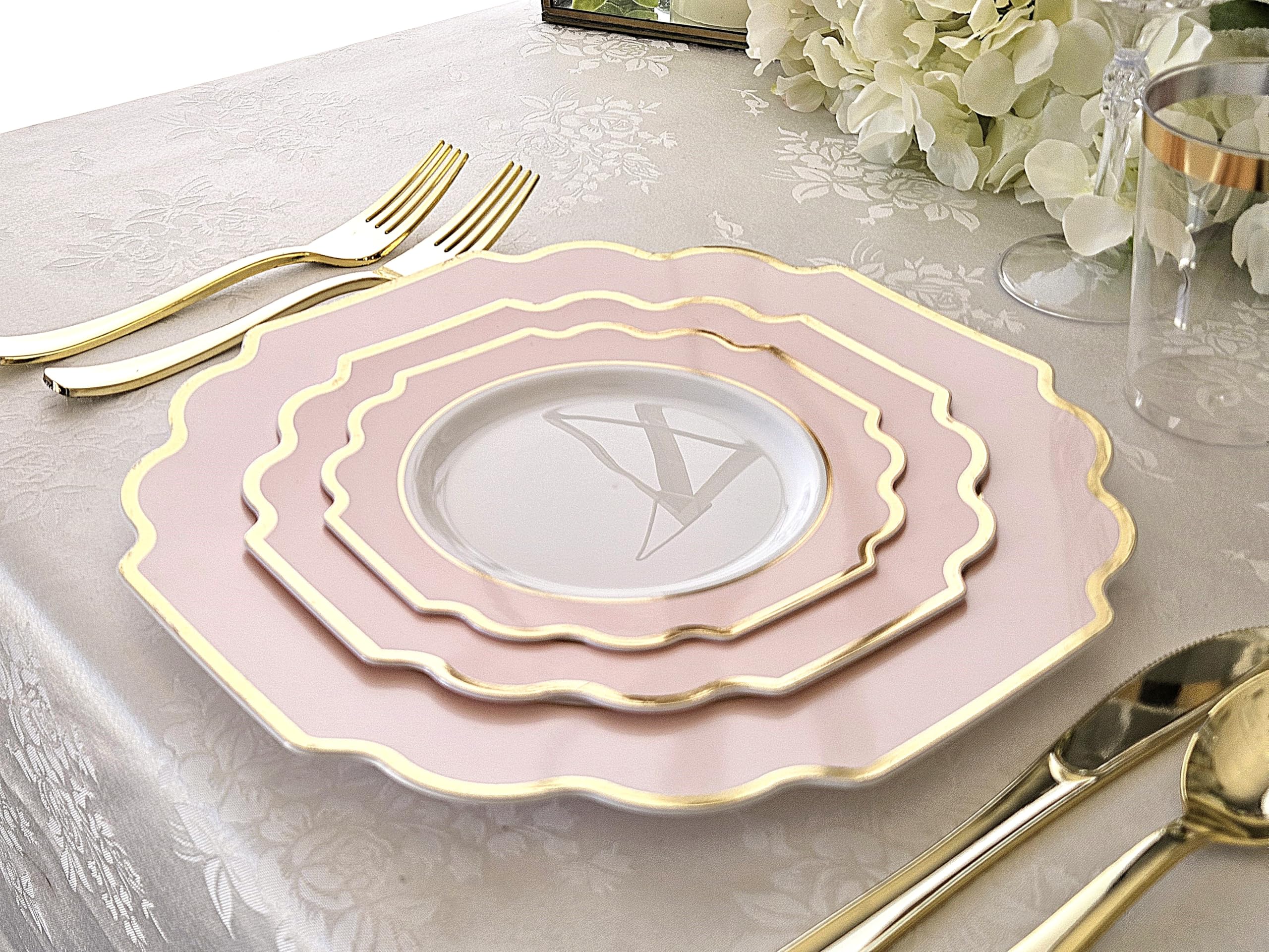 40-Pack Heavyweight Disposable Plastic Plates for Weddings & Parties - 8'' Appetizer/Dessert Plates in Elegant White/Blush & Gold | Perfect for Bridal Showers, Baby Showers, and Formal Events