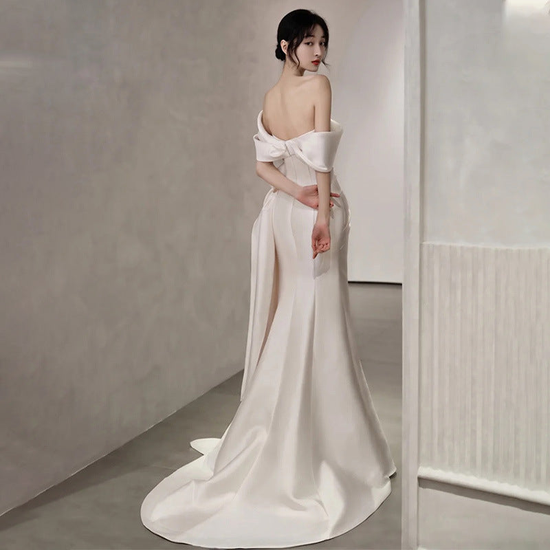 Elegant Off Shoulder Satin Mermaid Wedding Dress - White Long Prom Gown with High Slit | Perfect for Bridal, Formal Events & Evening Parties