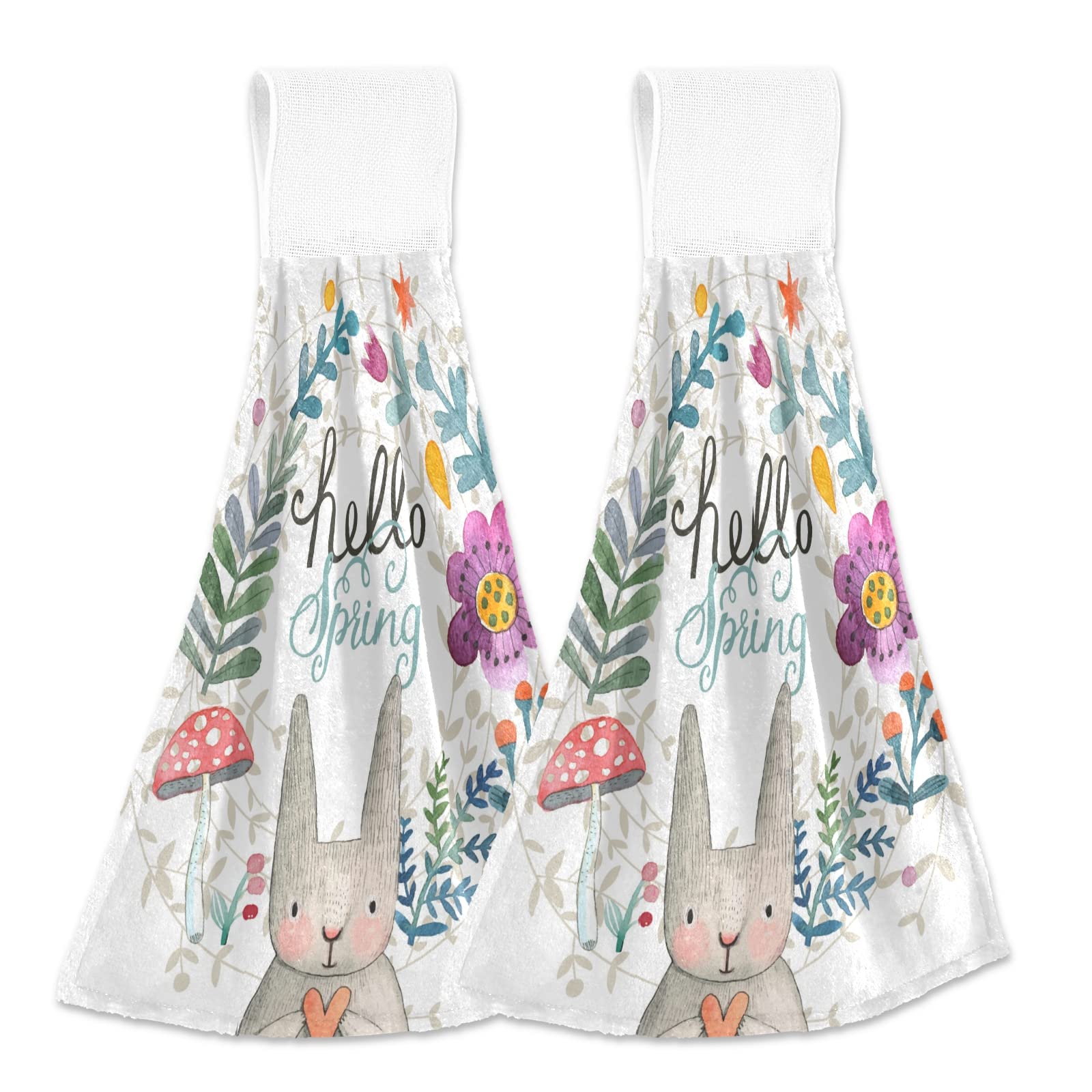 Hello Spring Kitchen Hanging Hand Towels Set of 2 - Cute Bunny Flower Design, Super Absorbent Cotton Tea Towels with Loops for Kitchen, Bathroom & Home Decor | Perfect for Spring Cleaning, Easter Decor & Farmhouse Style Kitchens
