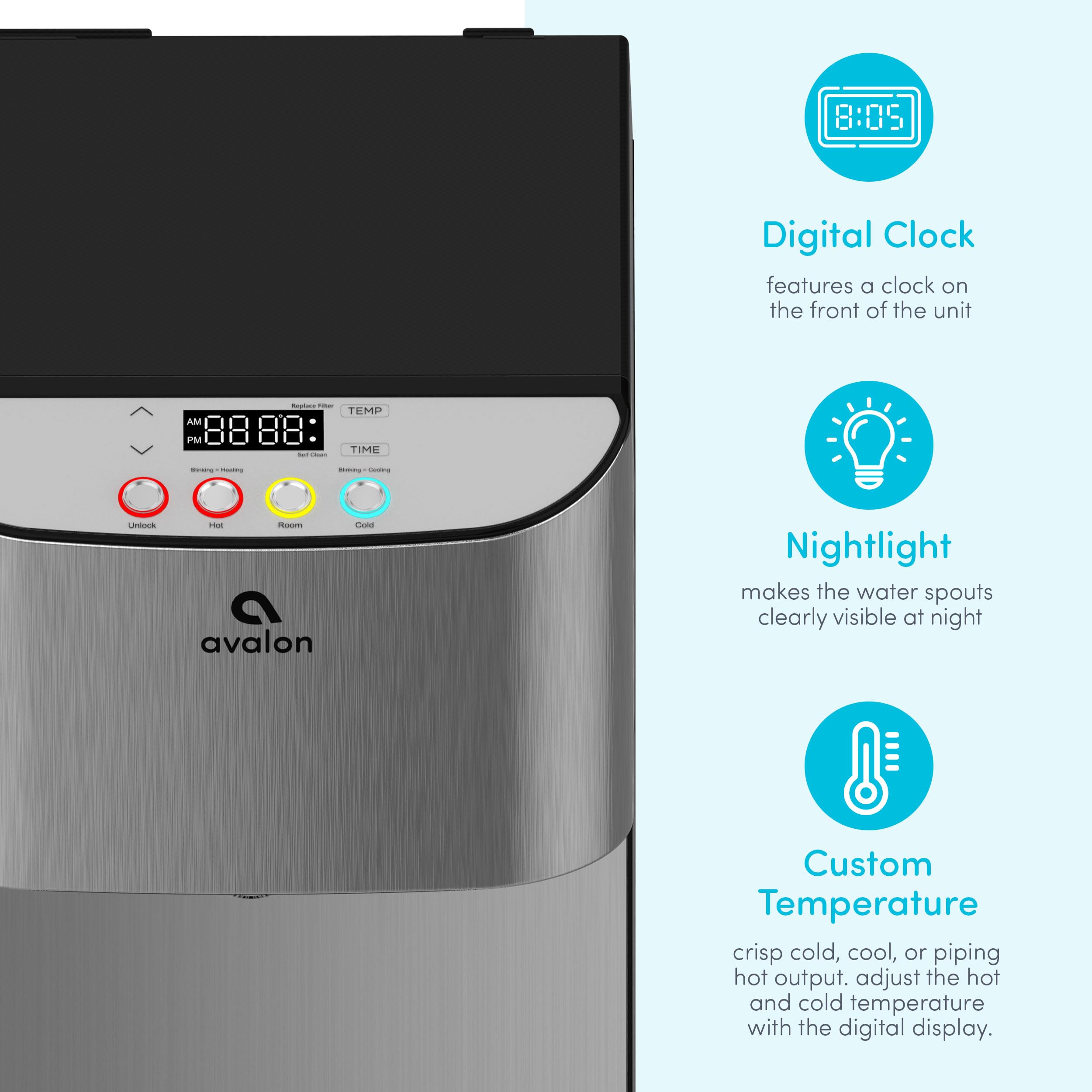 Avalon Electric Bottleless Water Cooler Dispenser - 3 Temperature Settings, Digital Display with Clock & Temp Control, Self-Cleaning Stainless Steel Water Dispenser for Home & Office Use
