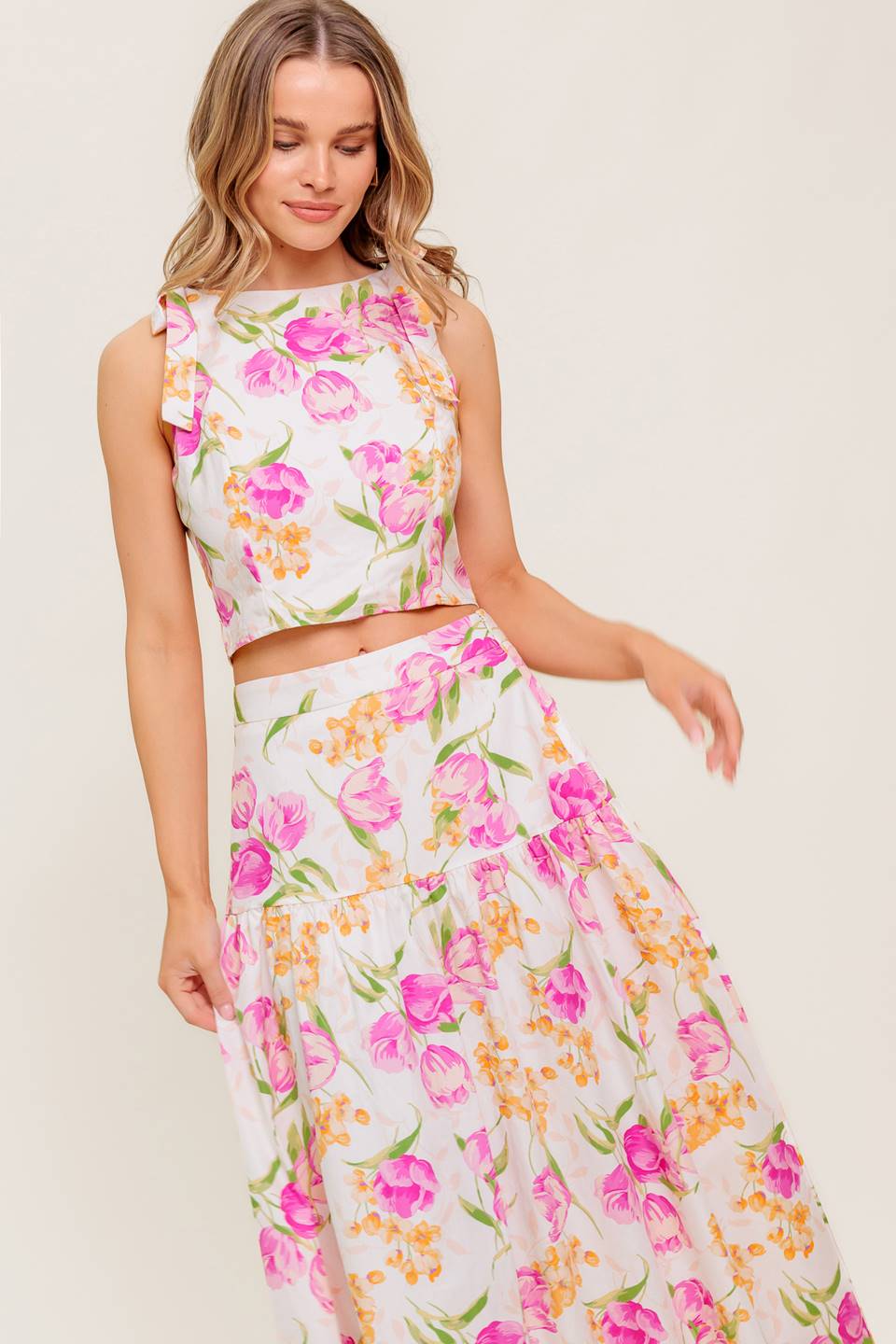 Pink Tulip Floral Print Top & Midi Skirt Set for Women - Spring Summer Garden Party Outfit, Beach Vacation, Brunch Date