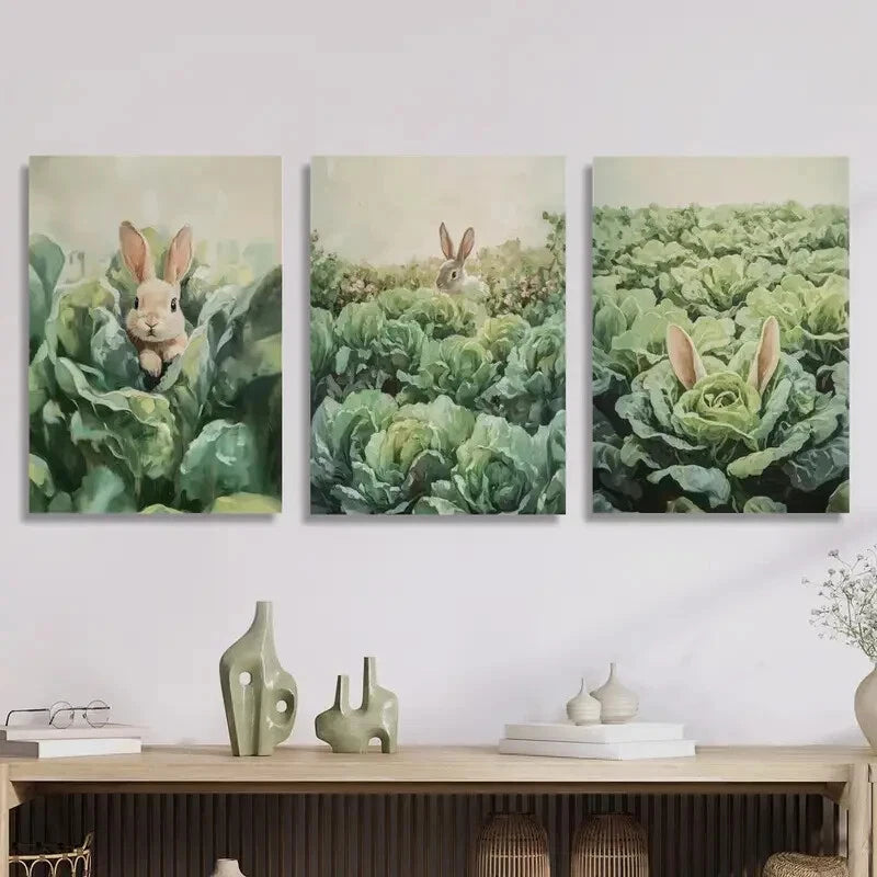 3pcs Rabbit in Vegetable Garden Metal Wall Art - Ready to Hang Home Decor for Living Room, Bedroom & Nursery