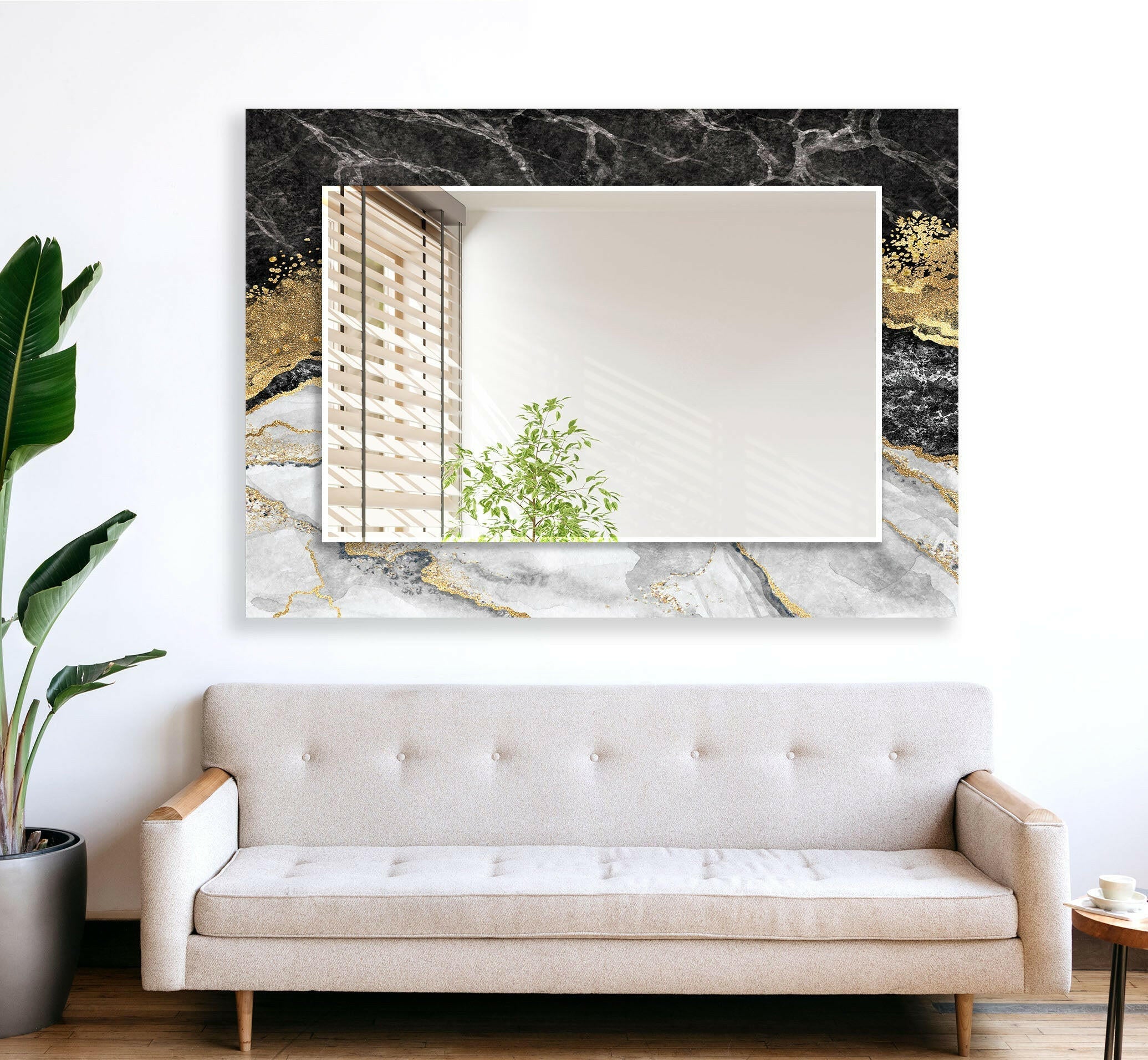 Elegant Black Marble Gold Frame Wall Mirror - Modern Home Decor for Living Room, Bedroom & Entryway