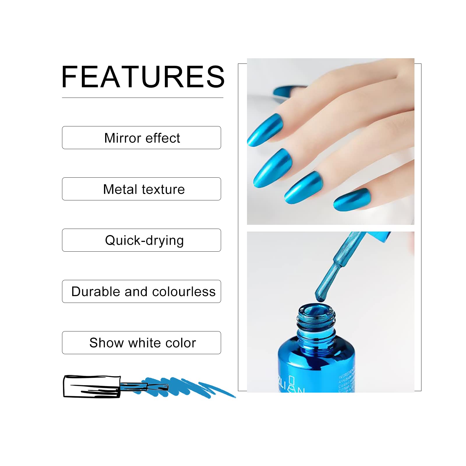 KYDA 18ml Mirror Nail Polish - Vibrant Long-Lasting Nail Lacquer with Glossy Mirror Effect for Manicure & Nail Art (Cyan, 0.61 fl oz) - Perfect for Parties, Weddings, and Special Occasions