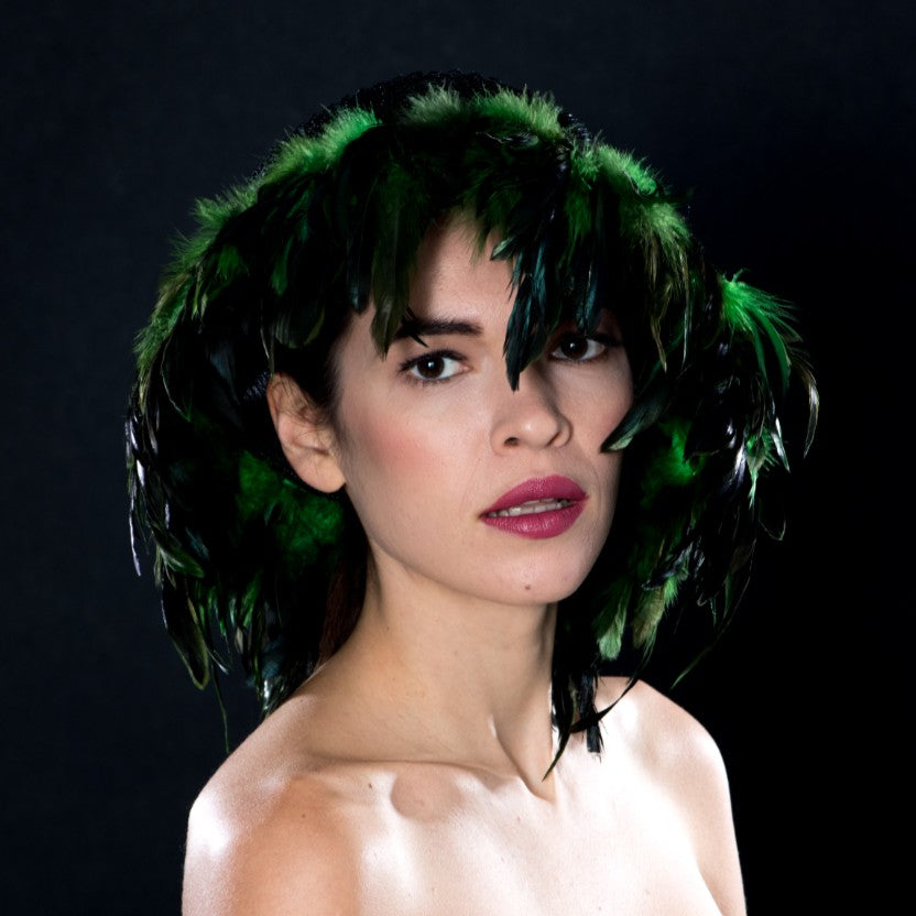 BW6403 Green and Black Feather Dress Hat with Beaded Button - Elegant Women's Fashion Accessory for Weddings, Parties & Special Occasions