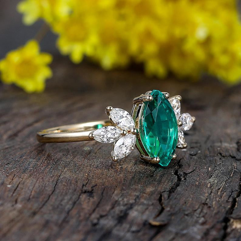 Vintage Marquise Cut Emerald and Diamond Cluster Engagement Ring for Women - Perfect for Proposals, Weddings & Anniversaries