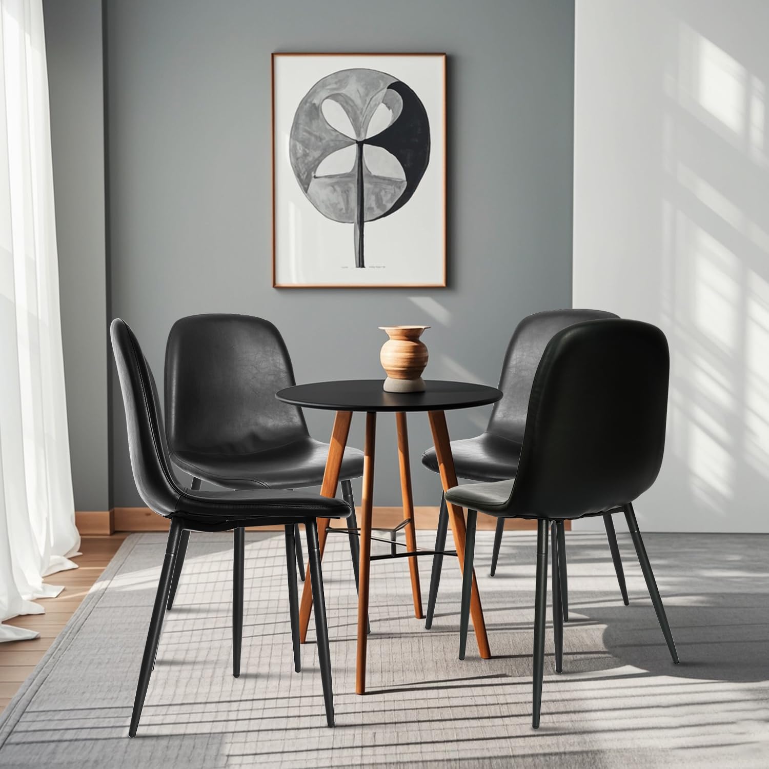 Modern Black Faux Leather Dining Chairs Set of 4 - PU Leather Upholstered Armless Kitchen Chairs with Metal Legs for Dining Room, Living Room & Office Meetings - Elegant Home & Commercial Seating Solution