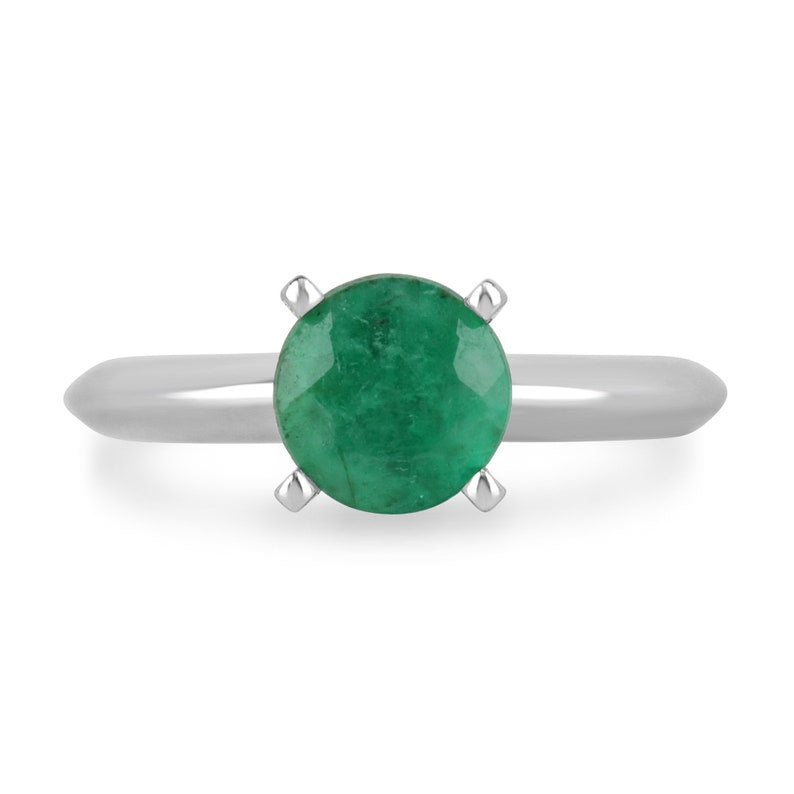 1.22ct 14K White Gold Round Cut Medium Dark Green Emerald Solitaire Engagement Ring - Perfect for Proposals, Anniversaries & Special Occasions