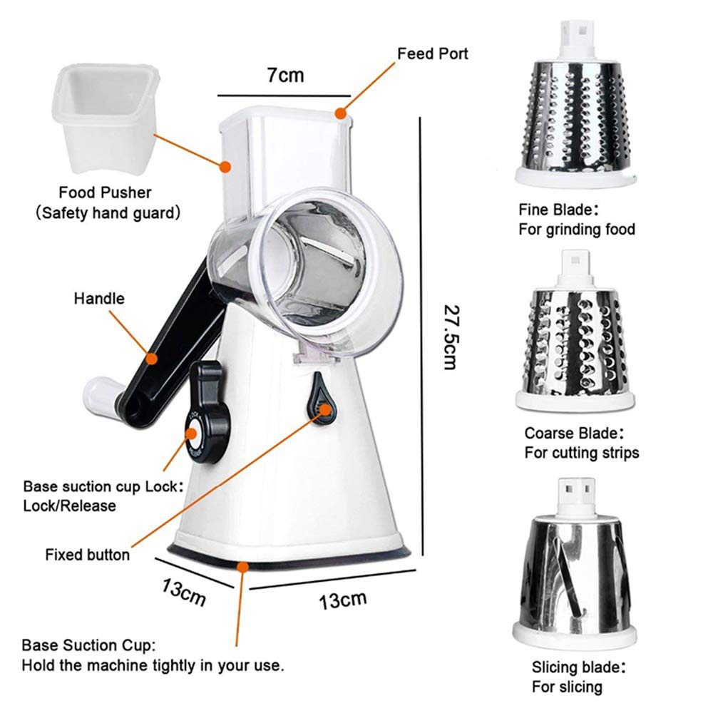 3-in-1 Rotary Cheese Grater & Vegetable Slicer Set with Interchangeable Blades - Stainless Steel Mandoline Slicer for Cheese, Nuts, Vegetables - Includes Free Peeler (White) - Perfect for Kitchen, Salad Prep & Party Platters