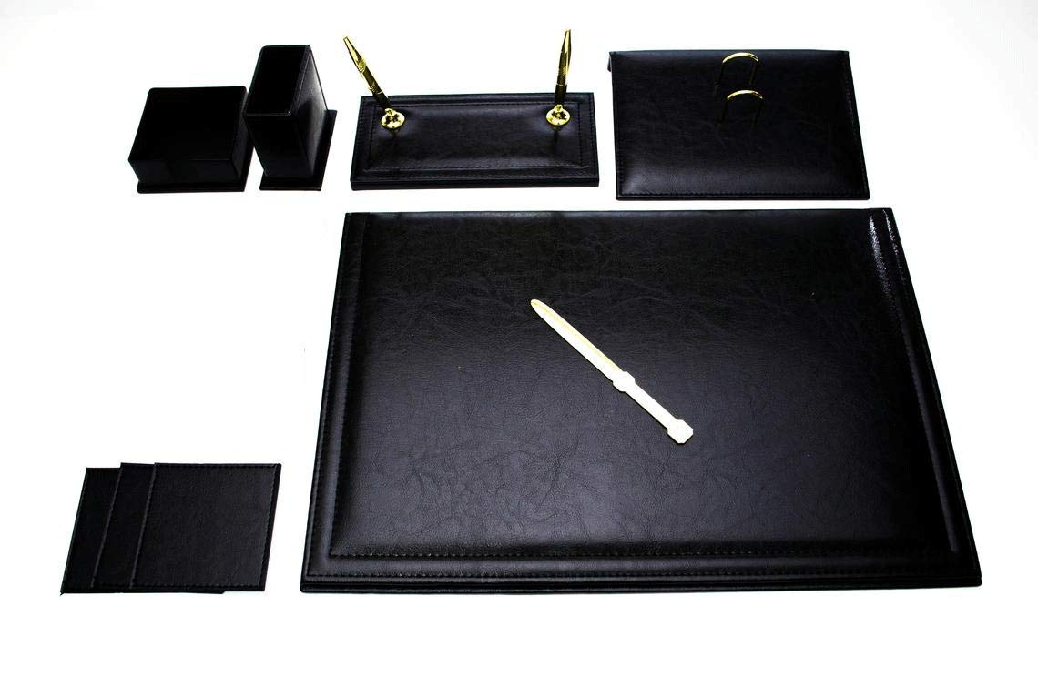Premium 7-Piece Black Leather Desk Set - Elegant Office Organizer with Pen Holder, Letter Tray & Notepad | Perfect for Home & Office Workspace (WAUGRW1579)