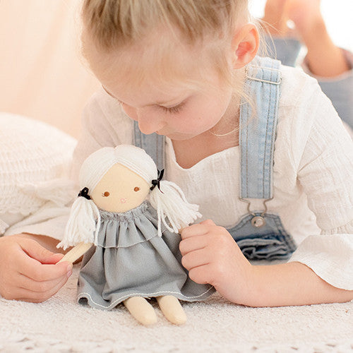 Alimrose Mini Matilda Doll - Grey Plush Toy for Kids | Perfect for Collectors, Birthday Gifts & Room Decor | Cute Soft Stuffed Animal for Children's Bedroom, Nursery or Playroom