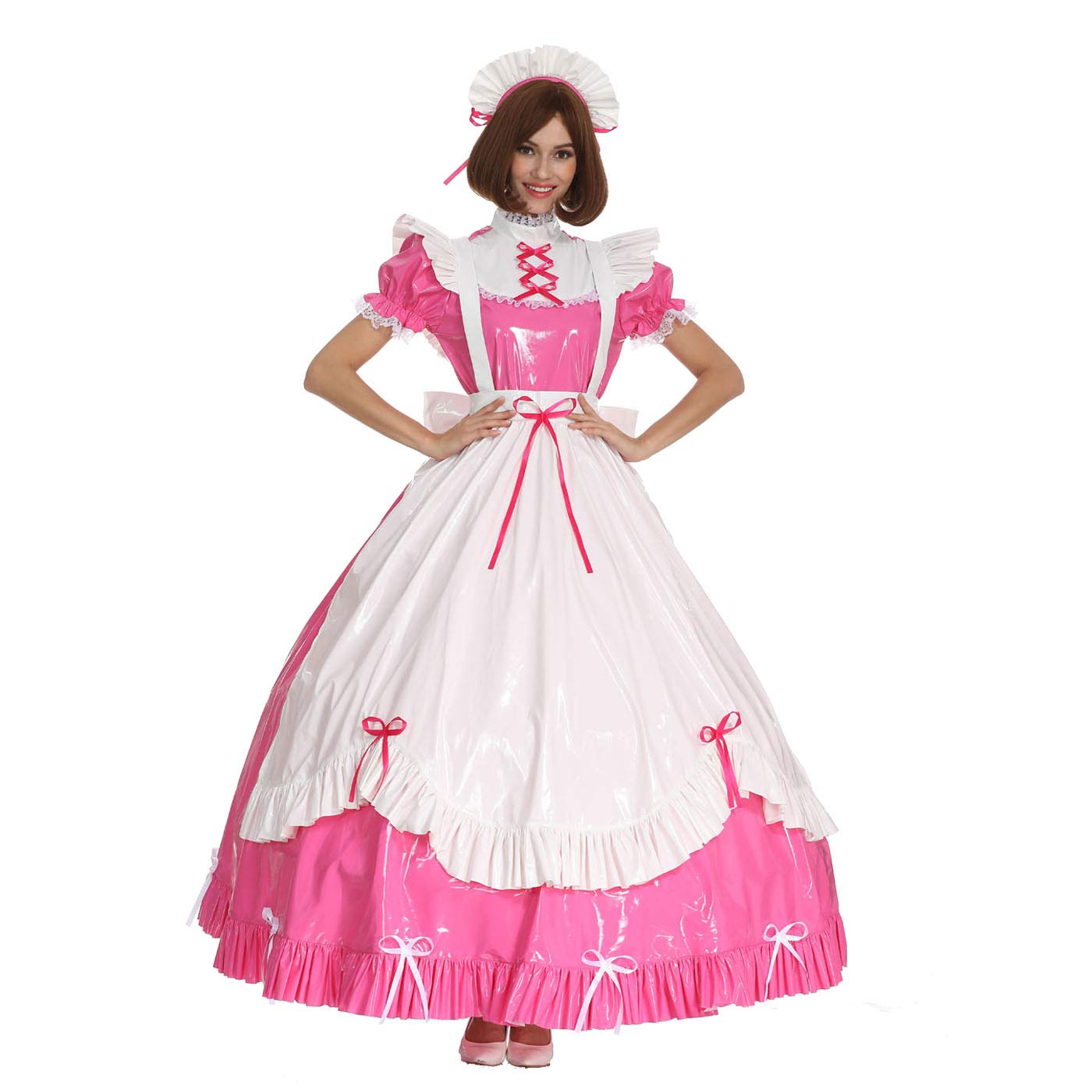 Sexy French Maid Costume for Women - Gothic Lace Bow & PVC Lockable Dress, Long or Short Sleeves | Halloween Cosplay, Bachelorette Party, Role Play Outfit