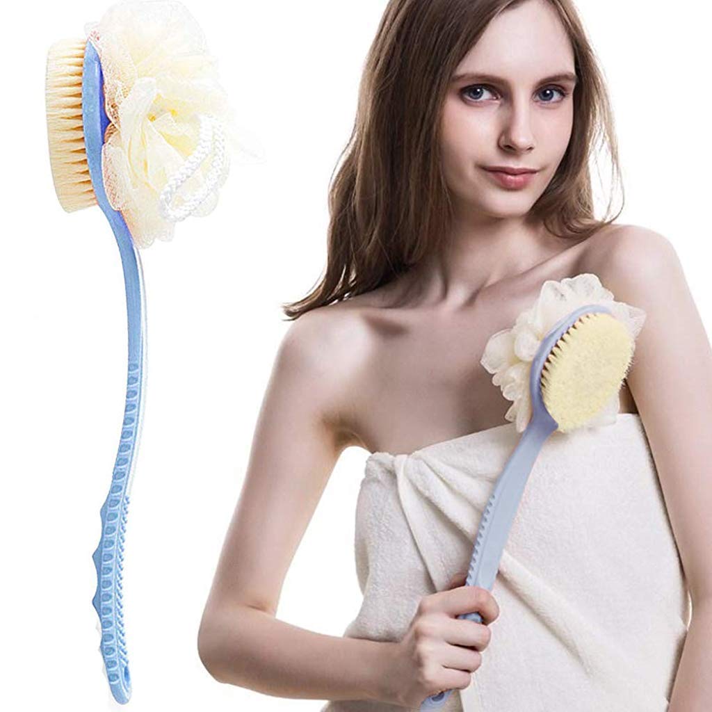 Jemei Exfoliating Back Scrubber Brush with Loofah & Curved Handle - Dry Brushing Body Brush for Shower & Bath - Skin Care Brush for Men & Women (Pink/Blue) - Perfect for Spa Days & At-Home Exfoliation
