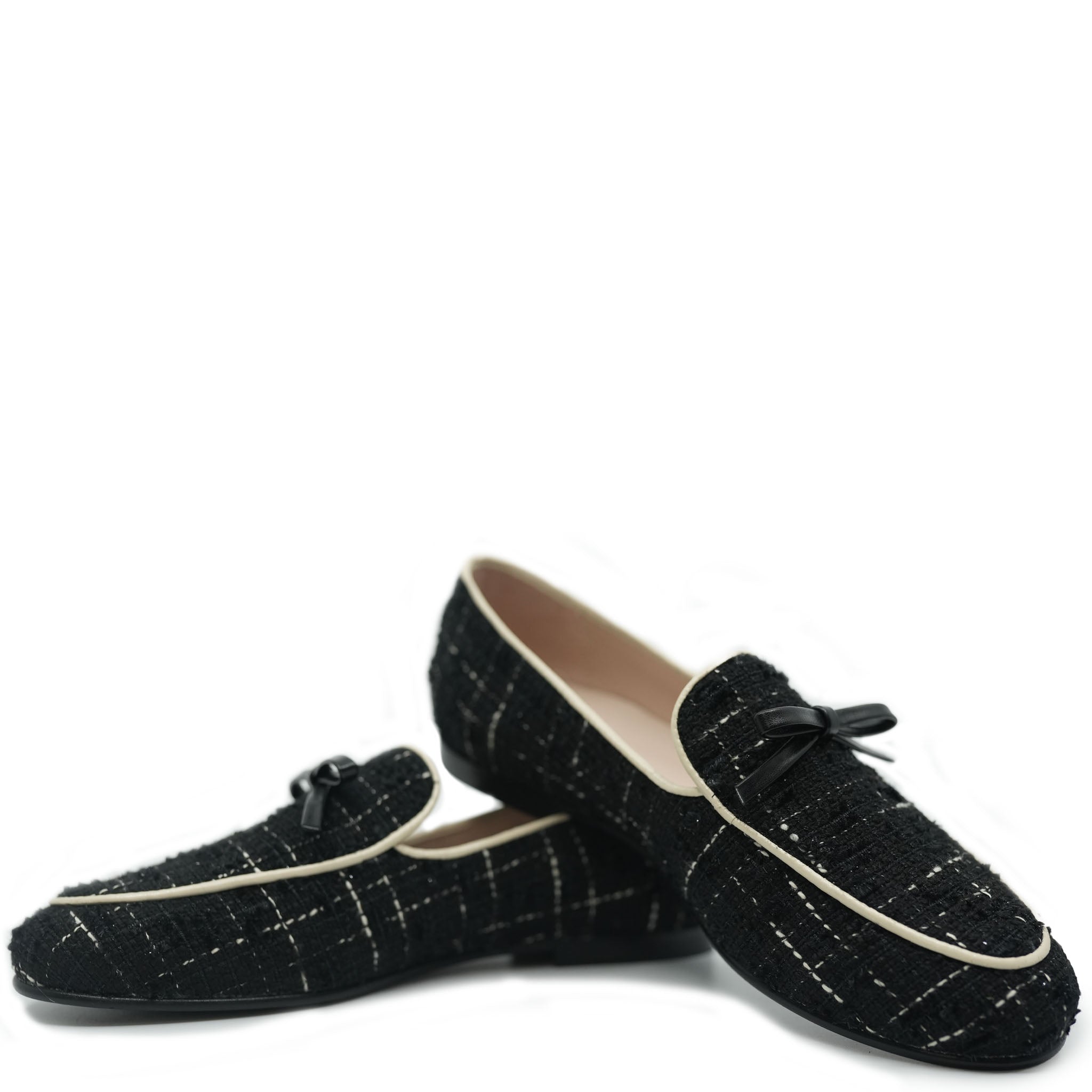 Beberlis Women's Black Tweed Bow Loafers - Classic Slip-On Dress Shoes for Office, Wedding & Formal Occasions