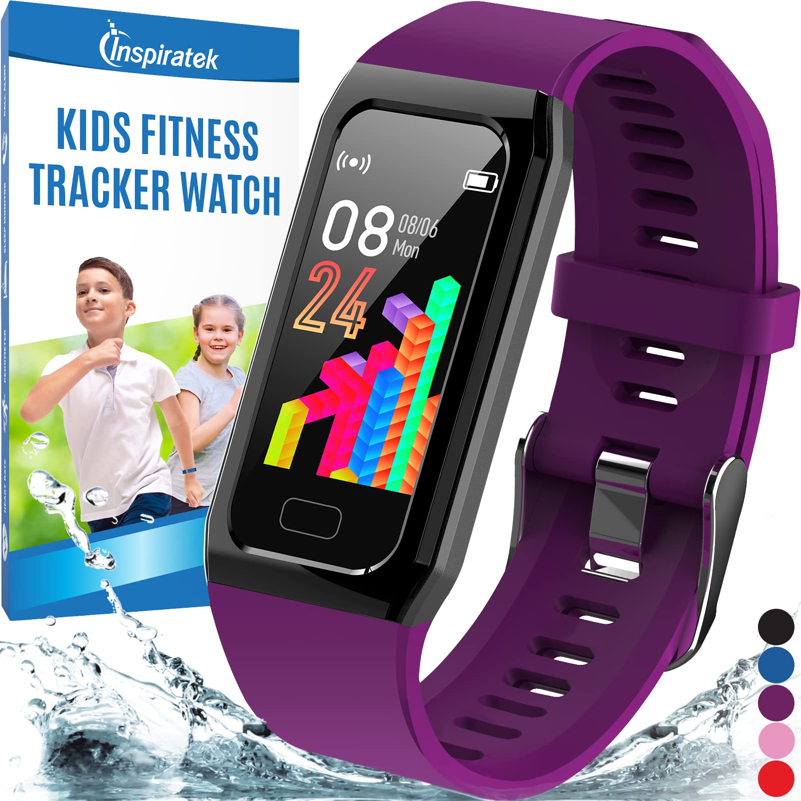 Inspiratek Kids Fitness Tracker for Girls and Boys (Age 5-16) - Waterproof Activity Watch with Heart Rate Monitor, Sleep Tracker, Calorie Counter, Step Counter - Perfect for Swimming, Running & School Activities (Purple)