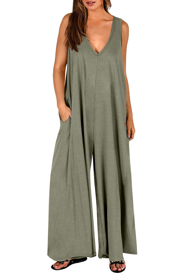 Solid Color V-Neck Sleeveless Loose Pocket Wide Leg Jumpsuit for Women - Casual Summer Outfit, Beach Cover Up, Vacation Wear