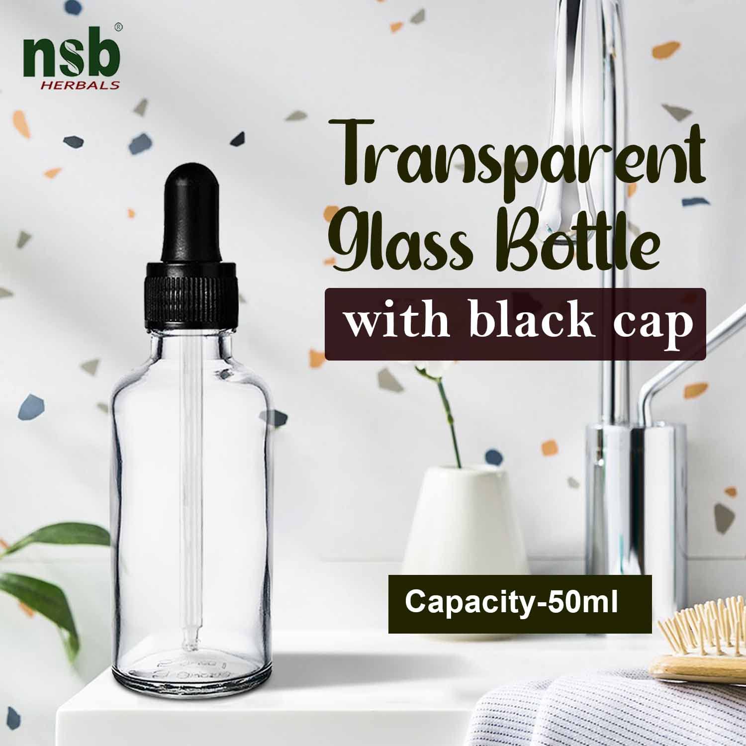 NSB Herbals 50ml Clear Round Empty Glass Bottle with Dropper & Black Silicone Cap - Refillable Essential Oil, Perfume, CBD Storage Bottles (Pack of 3) - Perfect for DIY Blends, Aromatherapy & Travel Size Liquids